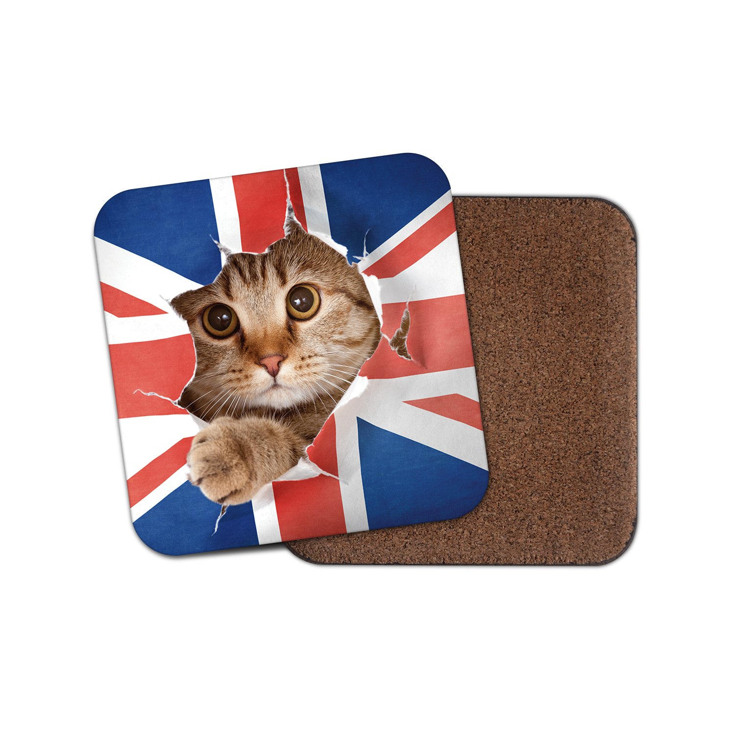 1 x Union Jack Cat Cork Backed Drinks Coaster - Flag Kitten Funny Joke Fun #8272