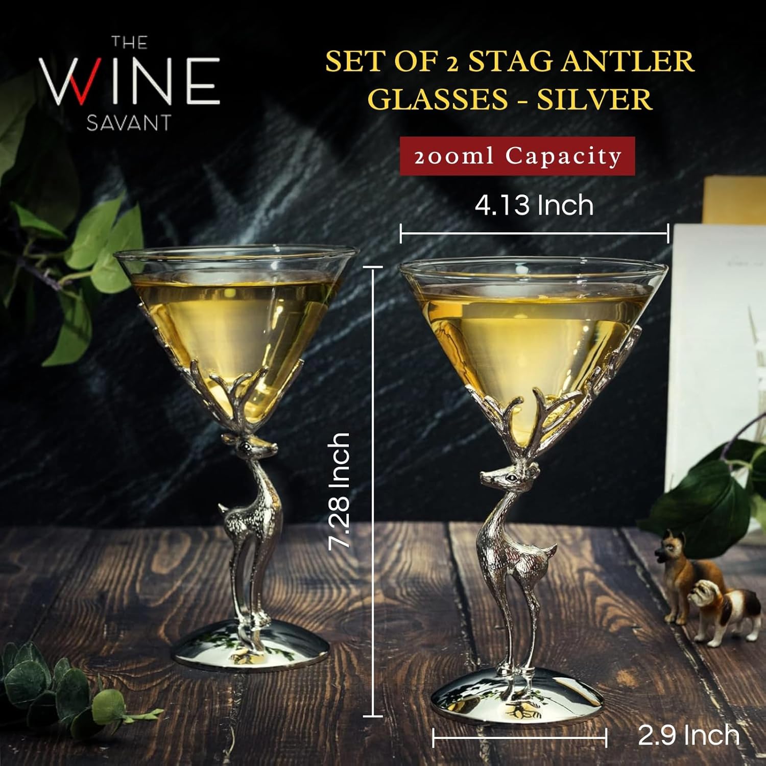 Stag Antler Martini & Cocktail Glasses - 2 Set - Chrome Deer Design Elegant Animal Inspired Barware, Everyday, Wedding, Themed Parties Rustic Decor Lover Gifts, Unique Drinking Perfect Entertaining