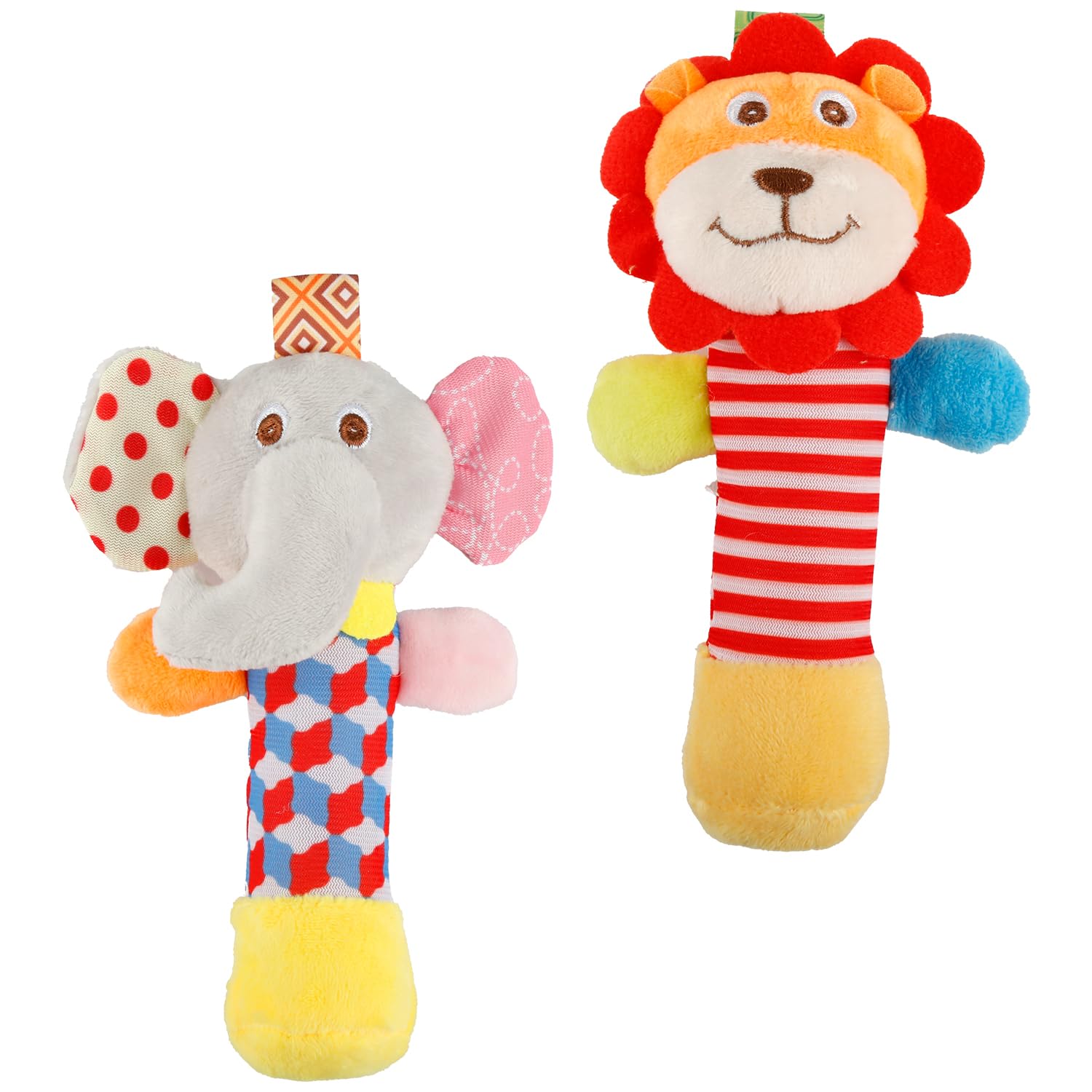 Hopzab 2PCS Plush Animal Rattles, Soft Sensory Sound Toys with Jingle and BB, Easy Grasping, Auditory Development (Elephants and Lions)