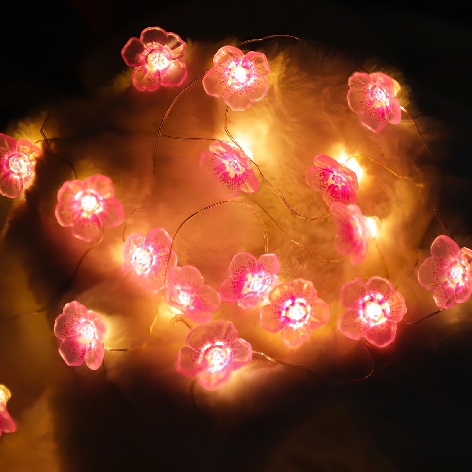 Łańcuch świetlny LED z kwiatami, łańcuch świetlny na baterie z timerem, 20 diod LED, 2 m, kwiaty wiśni, dekoracja na wiosnę, zasilanie bateryjne, dekoracyjne światła na imprezę, do sypialni, na Boże
