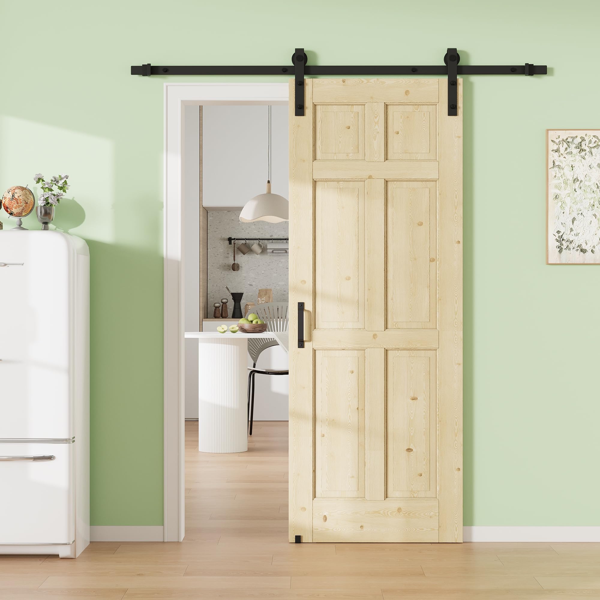 36" x 80" Presembled 6 Raised Panels Pine Wood Barn Door with 72" Track Kit