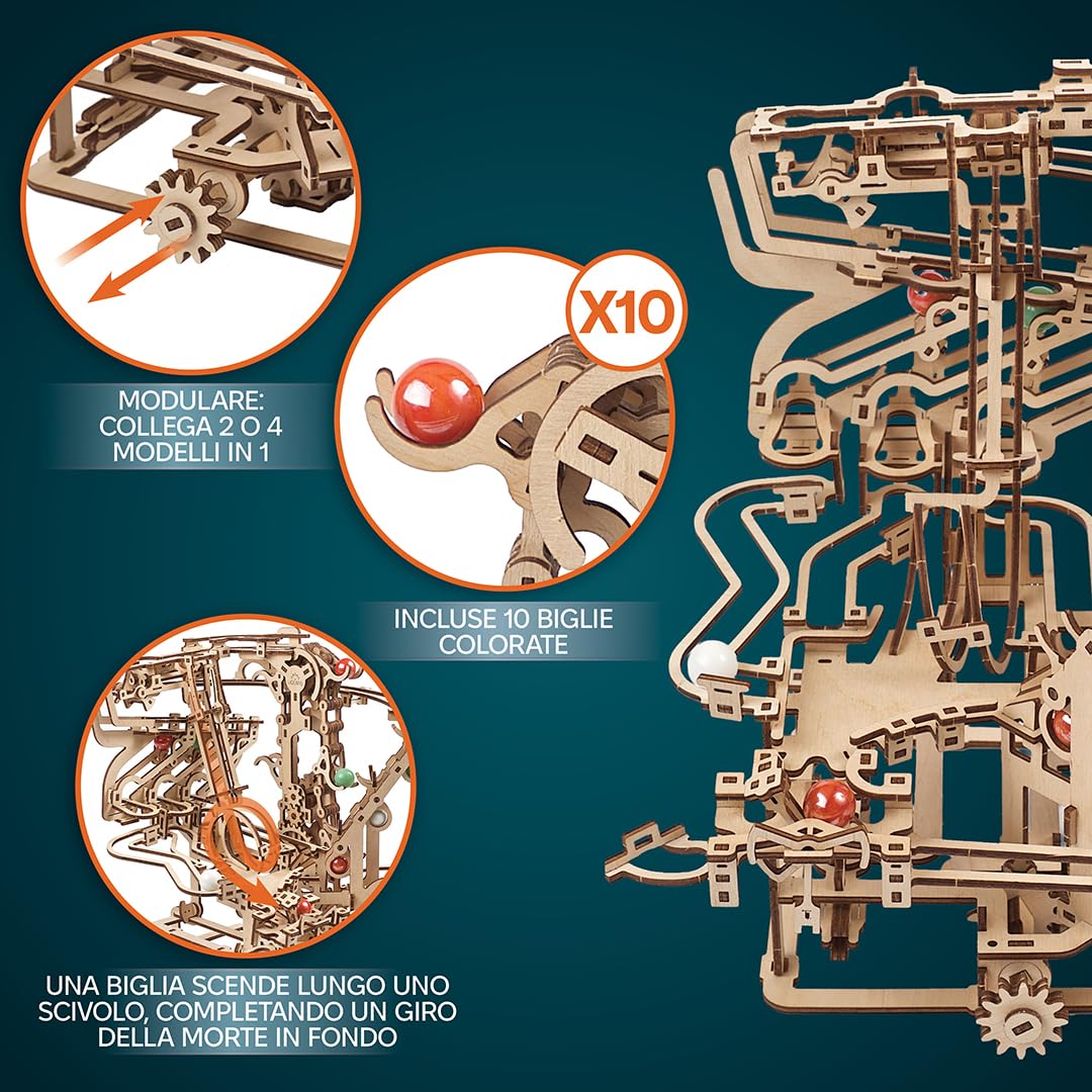 UGEARS Marble Run Chain Hoist in Legno - Puzzle Meccanici 3D in Legno per Adulti, Kit Modello Fai-da-Te per Adulti, Unici - Gioco di Biglie 3D Regali per Amanti dei Puzzle 400 Pezzi