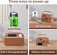 Vista 4 de Radio analógica retro AM FM Bluetooth Speak Plug in Wall, alimentación de CA o recargable o funciona con batería, transistor vintage con altavoz
