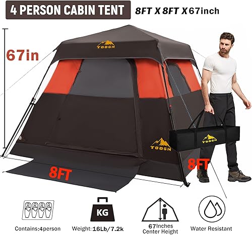 Miniatura 2 de Tienda de campaña para 34 personas con 1 puerta, 4 ventanas y ventilación mejorada, instalación instantánea, impermeable, 8 x 8 x 67 pulgadas, tela