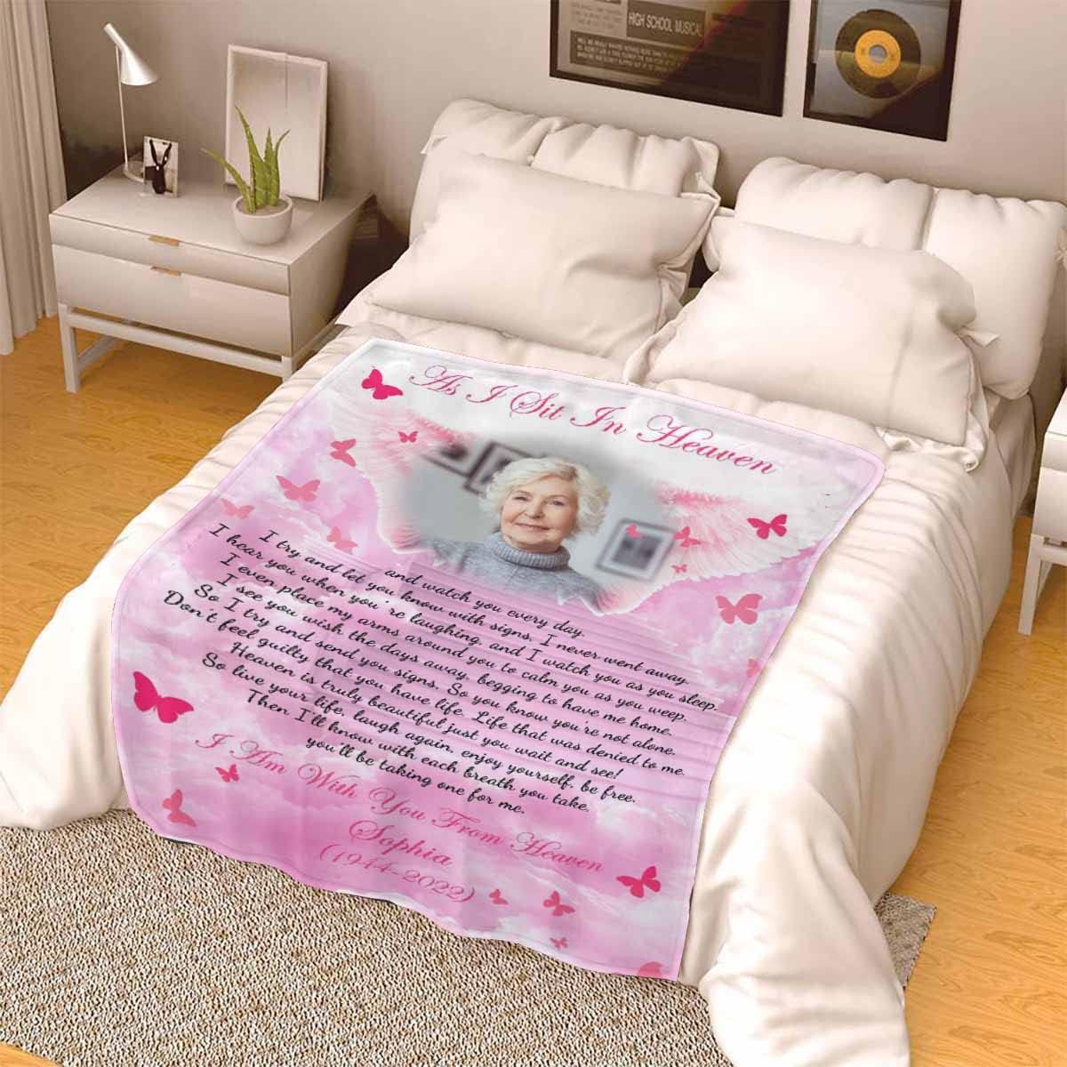 Customized Bed Blankets with Photos Wings with Pink Butterfly Cute Pattern Blanket Memory Gifts Soft Flannel Fleece for Bed Couch 32"x48"
