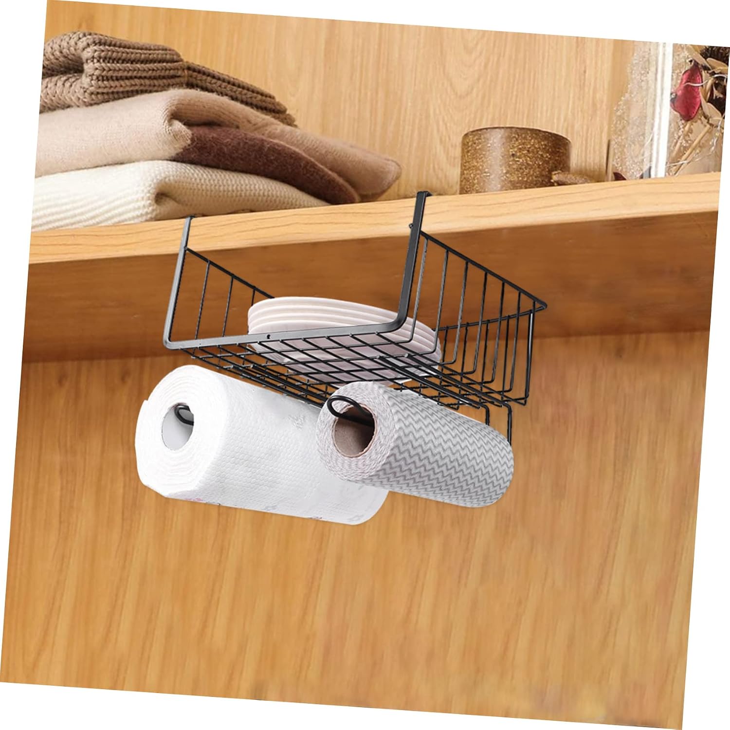 Shelf Wire Basket Rack with Tissue Holder, Iron Black image 3