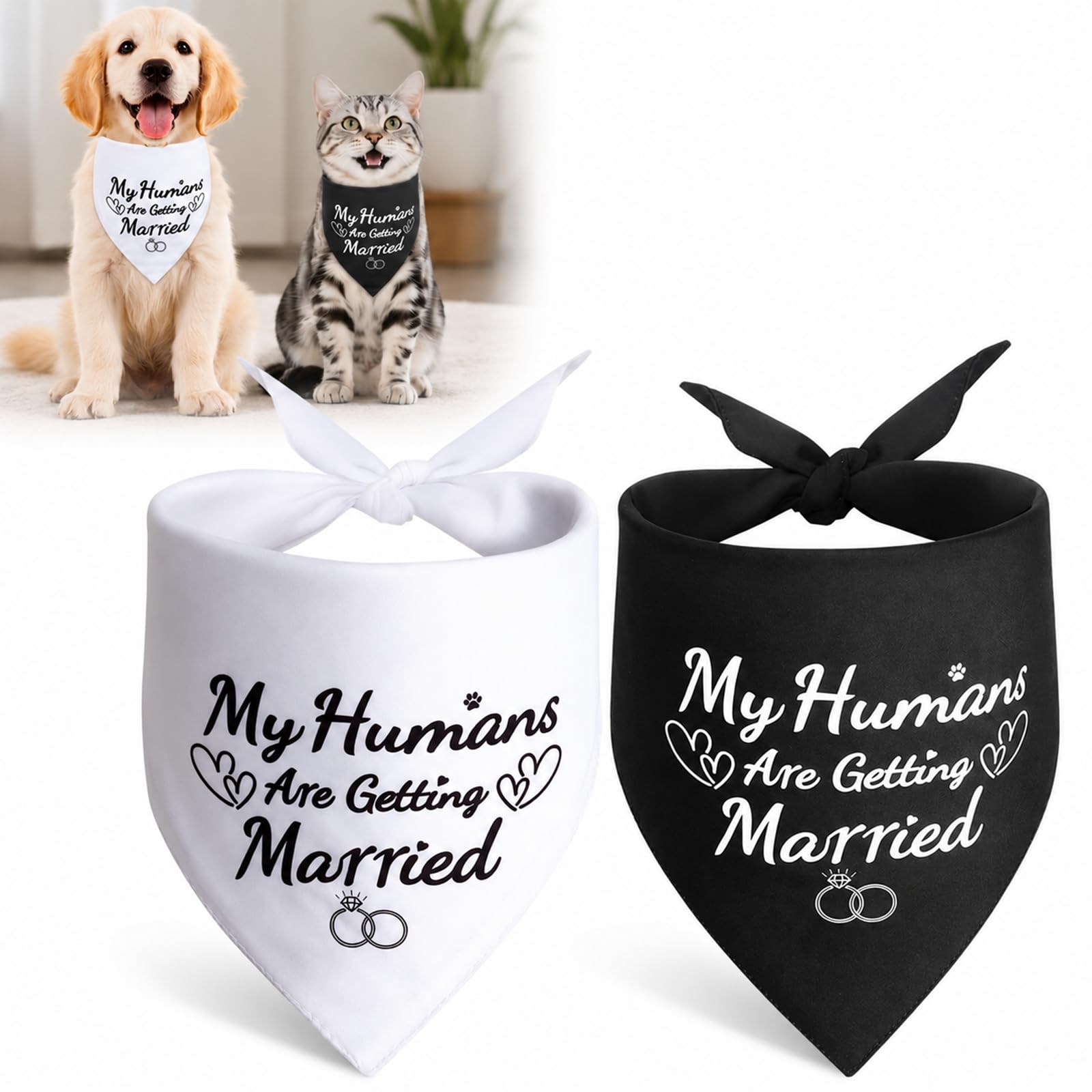2 Pack Dog Wedding Bandanas - My Humans Are Getting Married Black & White Tie-On Pet Bandana Set, Engagement Party Photo Props, Ceremony Pet Scarves, Celebration Accessories for Dogs