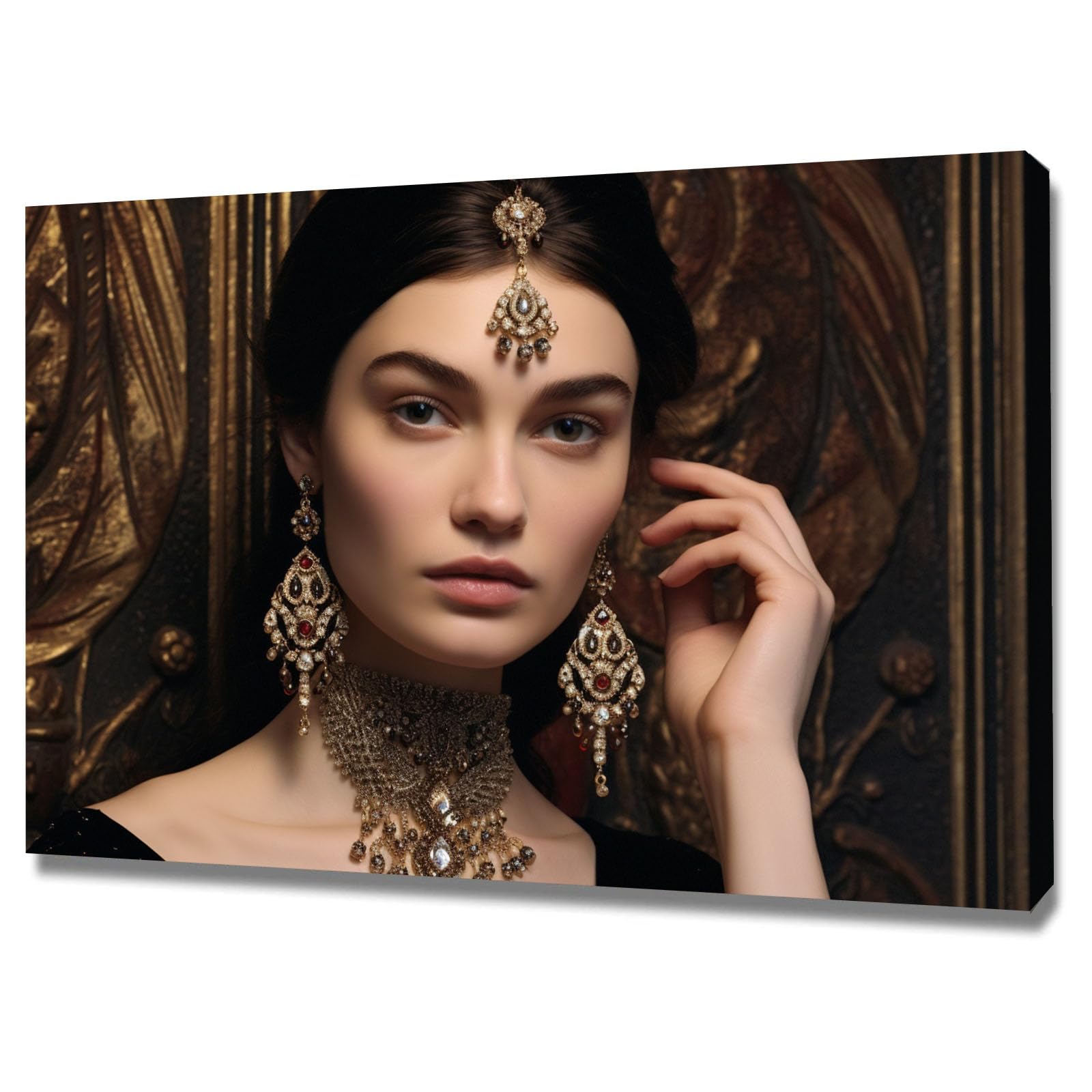 TERUEA Glamorous Art Deco Inspired Woman With Ornate Vintage Jewelry Portrait Women Wall Art Canvas Artwork Canvas Art Home Decor Home Wall Decor(Gold)-30x45cm Framed