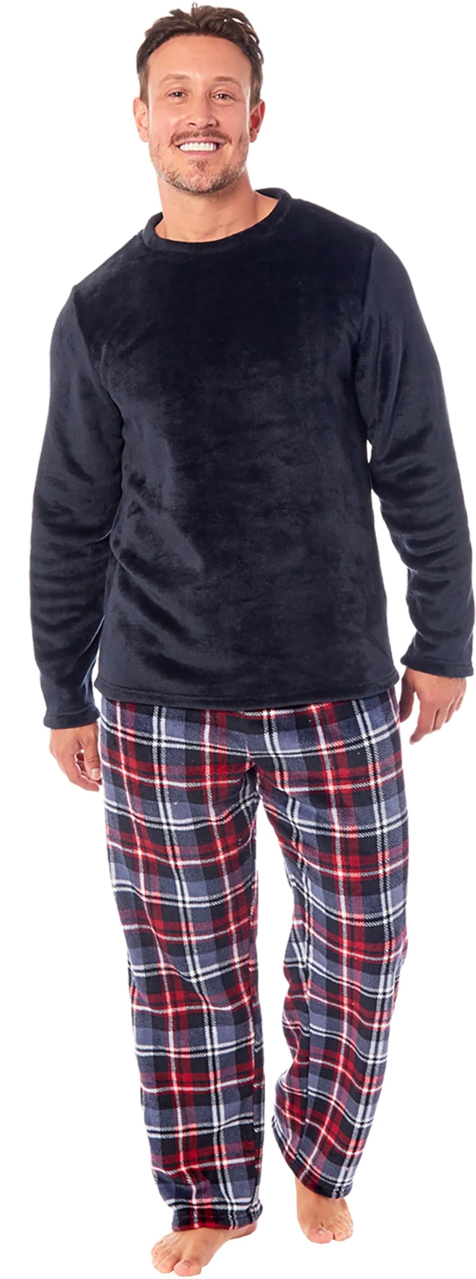 Michael Paul Men's Navy / Navy Soft & Cosy Fleece Pyjamas | Warm Pj Set Nightwear Sleepwear Loungewear Modern Set With Check Bottoms | Soft Twosie Pyjama Set For Gifts For Him Xxl