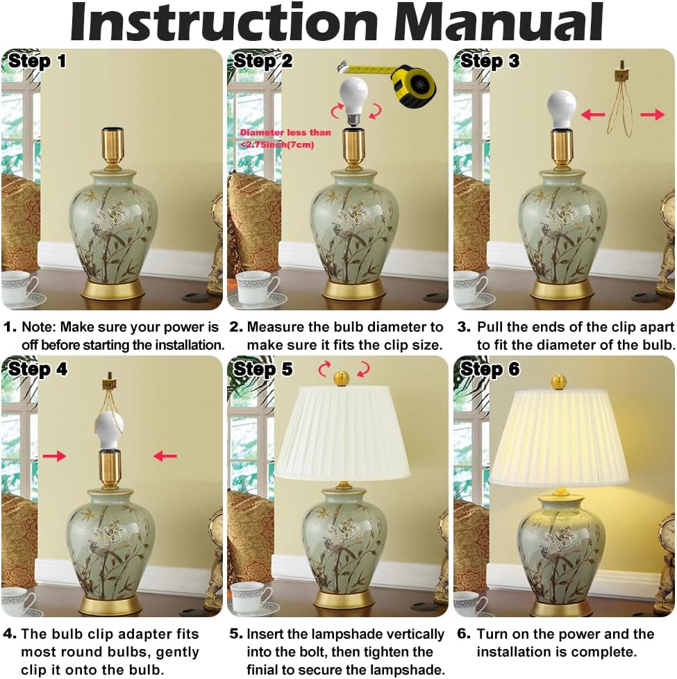 2 Pieces Lamp Shade Light Bulb Clip Adapter Kit, Antique Gold Lampshade Holder with Round Top Finial, No Harp Required, Clip on Bulb, DIY Replacement Repair Table & Floor Light Metal Parts