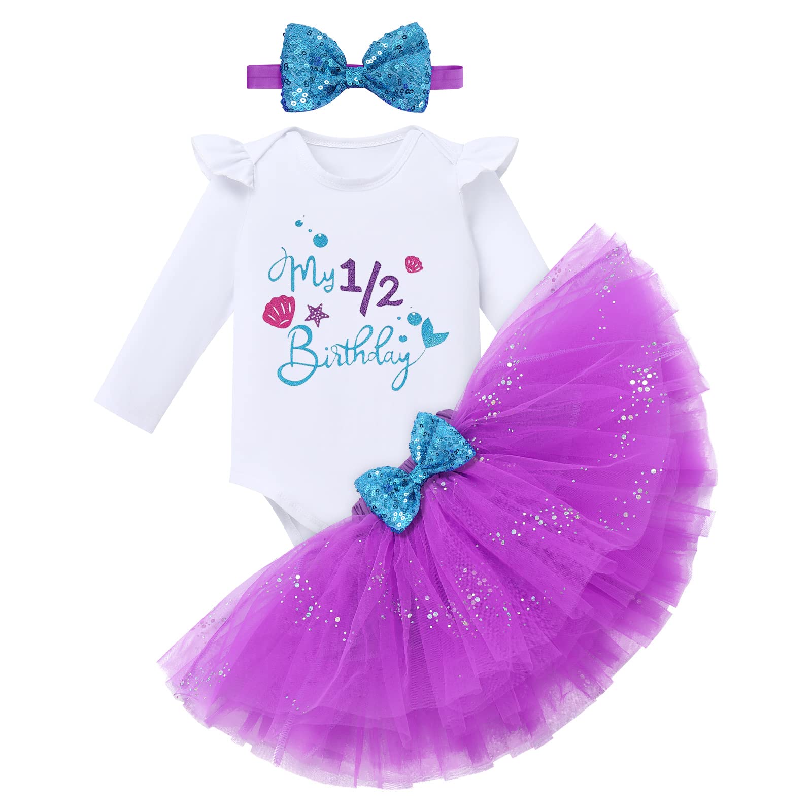 Mermaid 1/2 Birthday Outfit: Toddler Winter Half Way to First Birthday Dress Girl Romper Tutu Skirt Cake Smash Photoshoot Baby Princess Mermaid Themed Party Supplies (Long Sleeve Purple 6 Months)