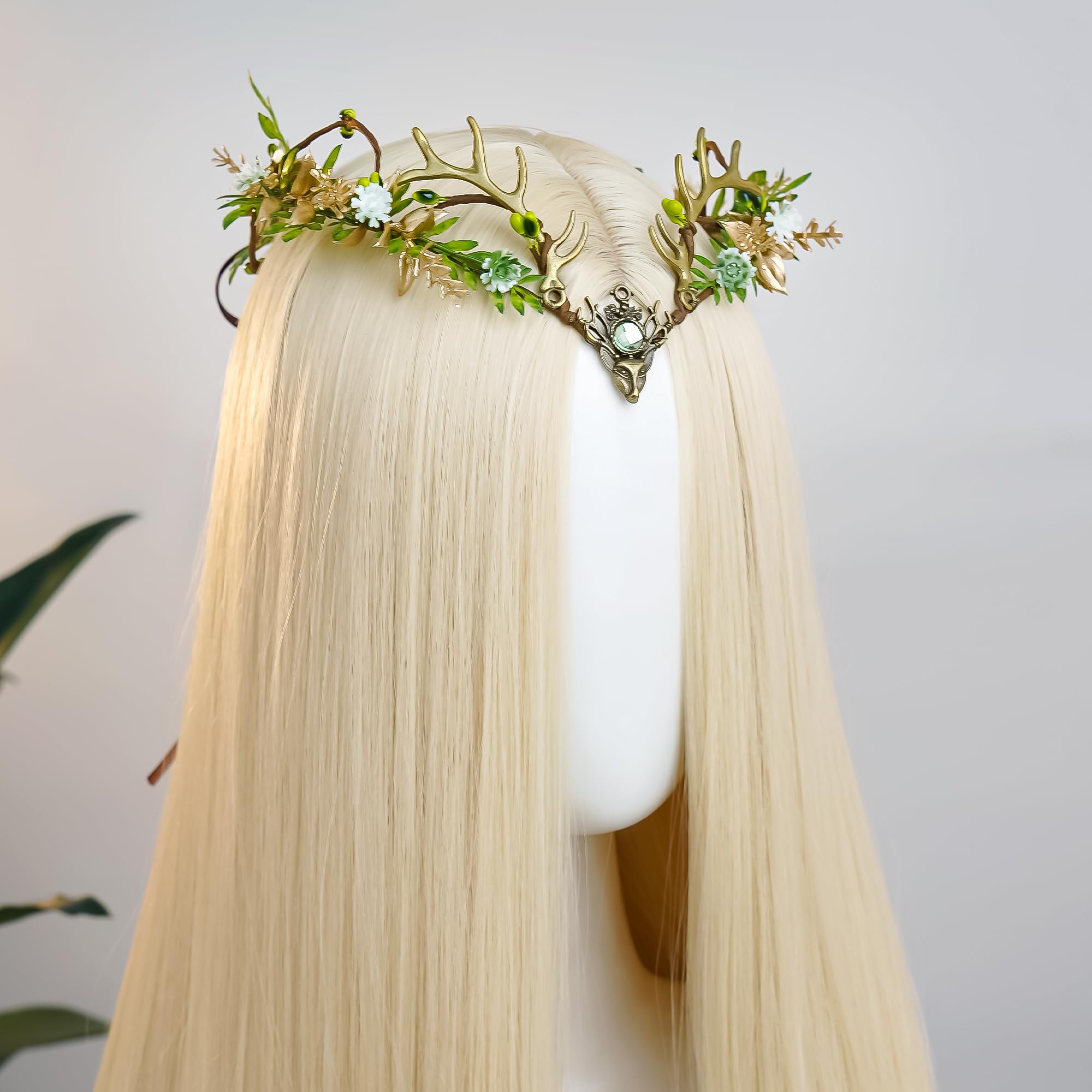 MOSTORY Woodland Fairy Antler Crown for Women Fairy Crown Flower Headpiece for Renaissance Halloween Cosplay - Image 2