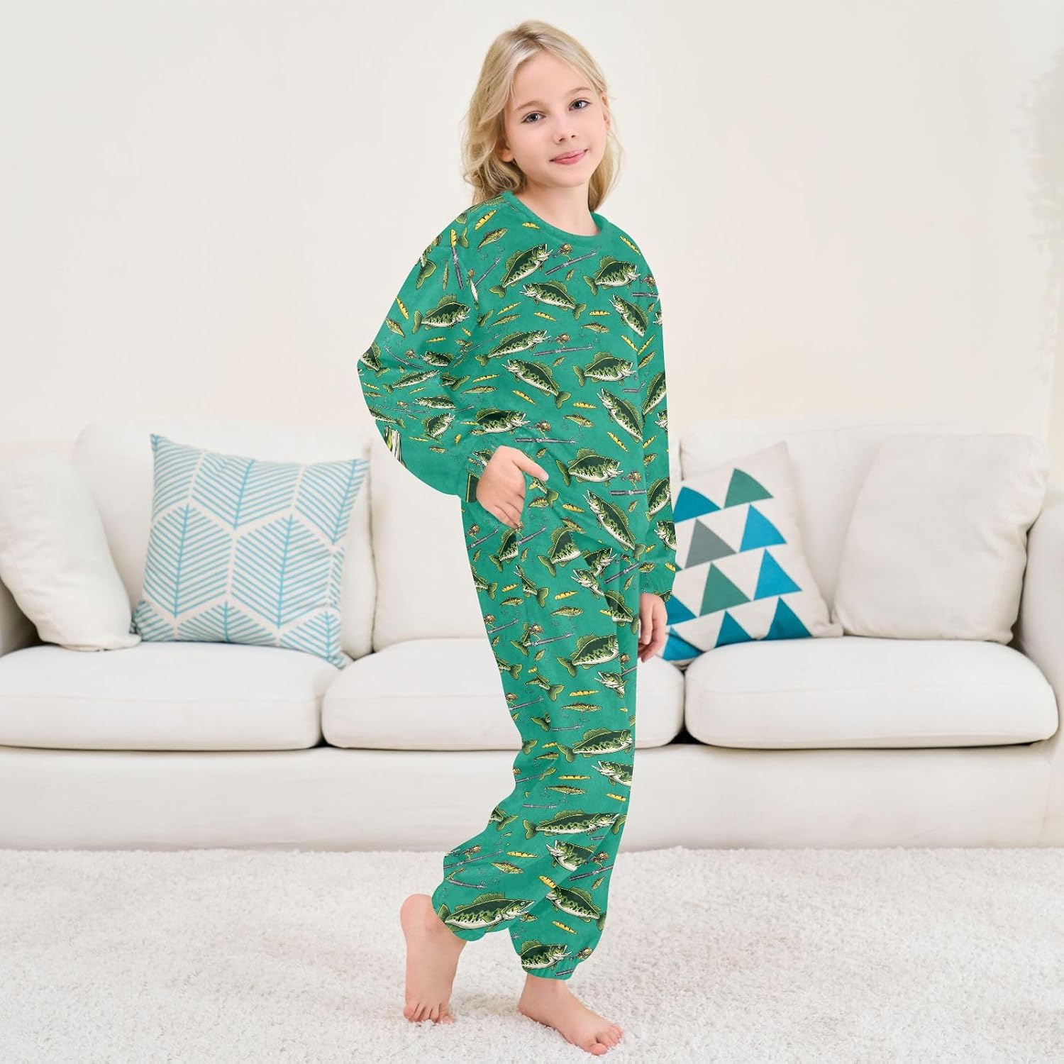 Bass Fish Fleece Pajama Sets Soft Cozy Pullover Sweatshirt Pants Set 2 Piece Sleepwear, 6-16Y