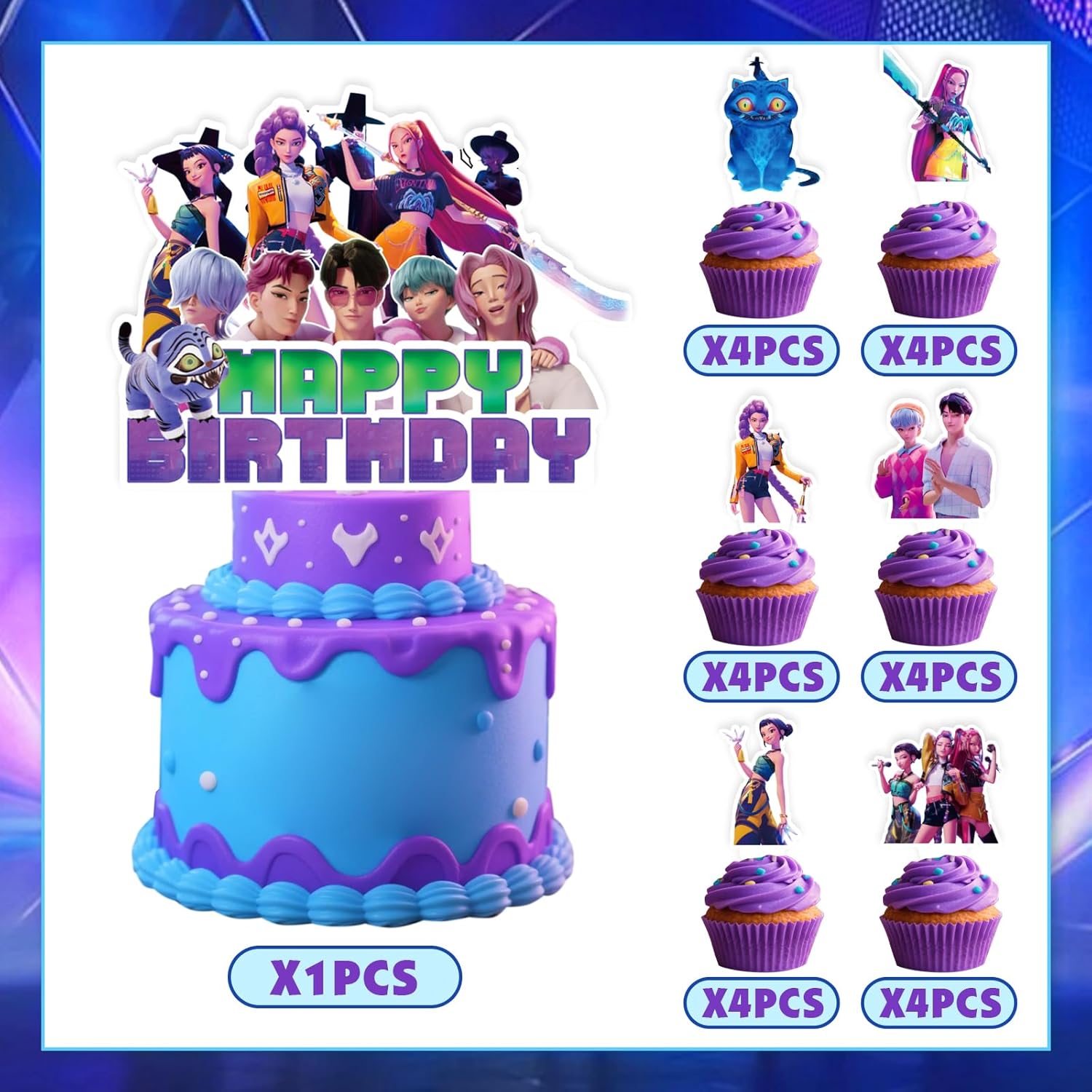 Korean Idol Demon Movie Hunters Birthday Party Decorations, 25 Piece Cake and Cupcake Toppers Set, Cartoon Animation Theme for Kids Birthday Celebrations - Image 3