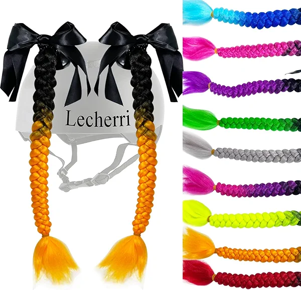 Lecherri Girls Braids Ponytail Extension with Suction Cup for Helmet 2PCS Helmet Accessories Helmet Hair with Bowknot Helmet Pigtails for Motorcycle Bicycle Ski Helmet 22inch(Helmet Not Included)