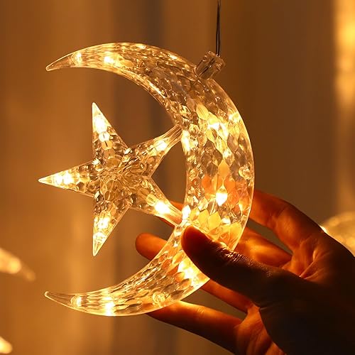 Miniatura 6 de Rossesay 3 piezas de luces de Ramadán Eid, decoración de estrella y ventana, silueta de luna, luces LED para interiores, decoración colgante de