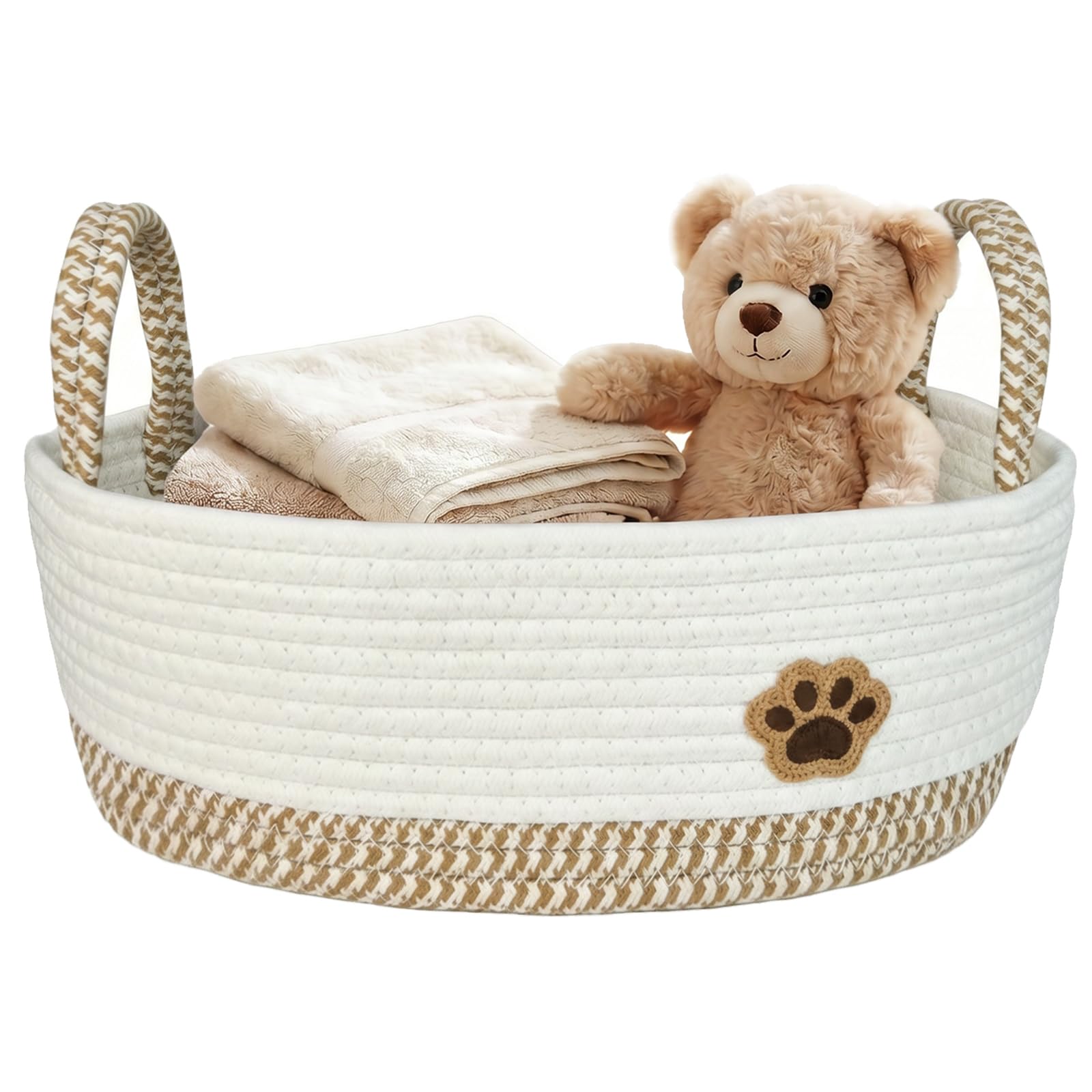 SIMDAO Dog Toy Basket, Cotton Rope Dog Toy Storage, Dog Toy Box Organizer Baskets with Handle, Dogs Toy Bin for Pet Supplies, Blankets, Leashes for All Pet 34 x 22.5 x 12.5cm（Brown）
