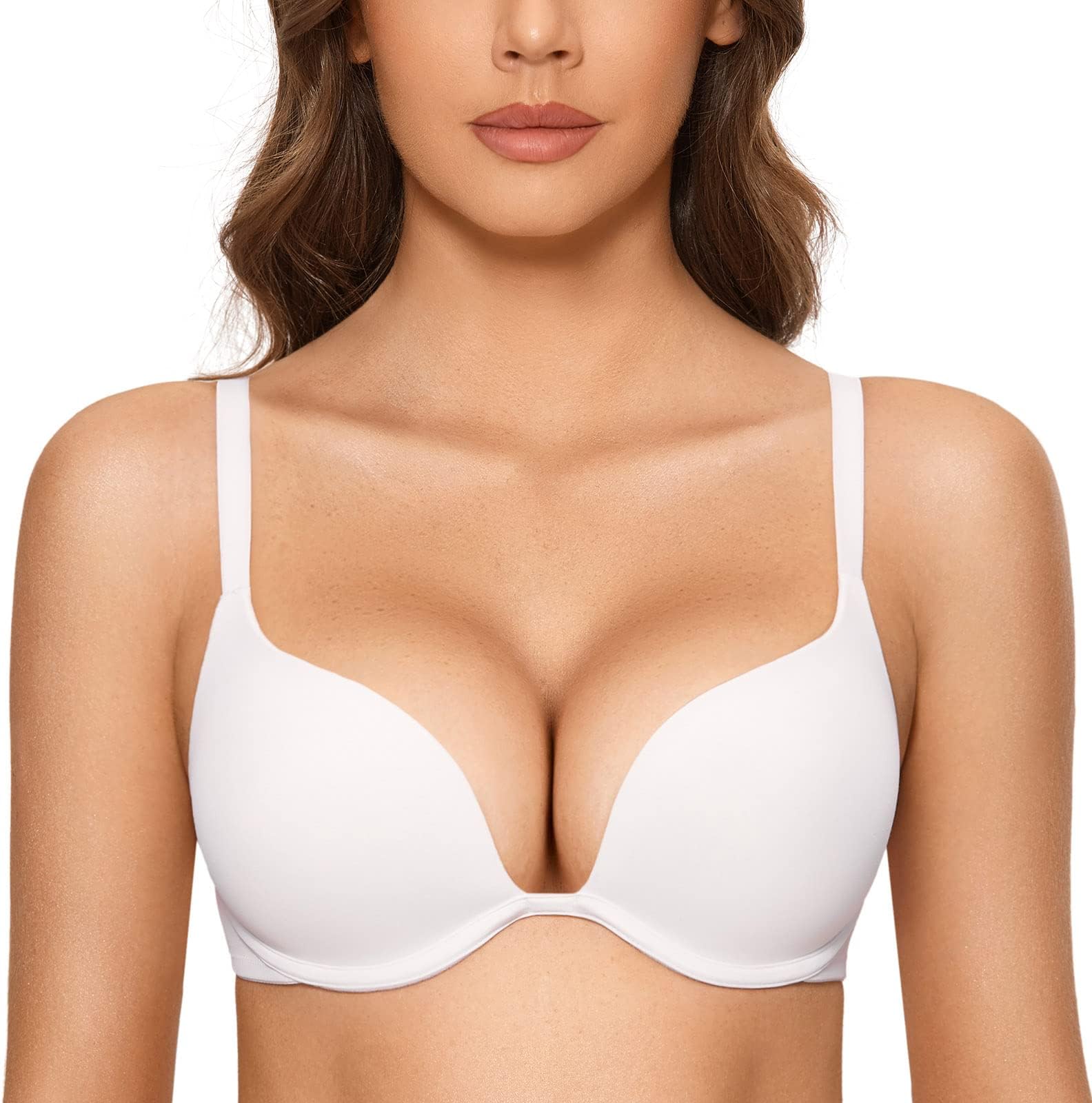 DOBREVA Women's Push Up Bra Plunge Deep V T Shirt Bras Padded Underwire Add One Cup