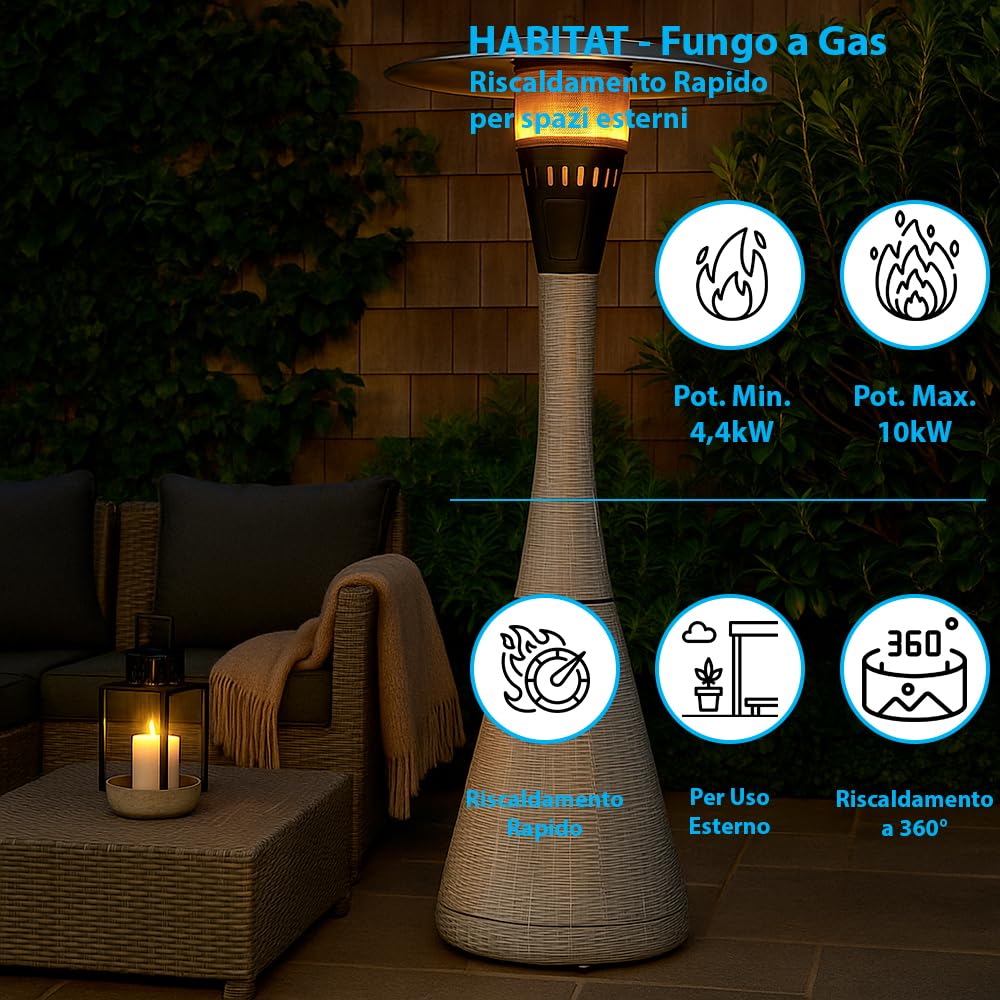 Fungo riscaldante per esterno pronto all'uso HABITAT Torba, polyrattan ed acciaio | 10kw per riscaldare fino a 50 m² | da 15 a 40h di funzionamento