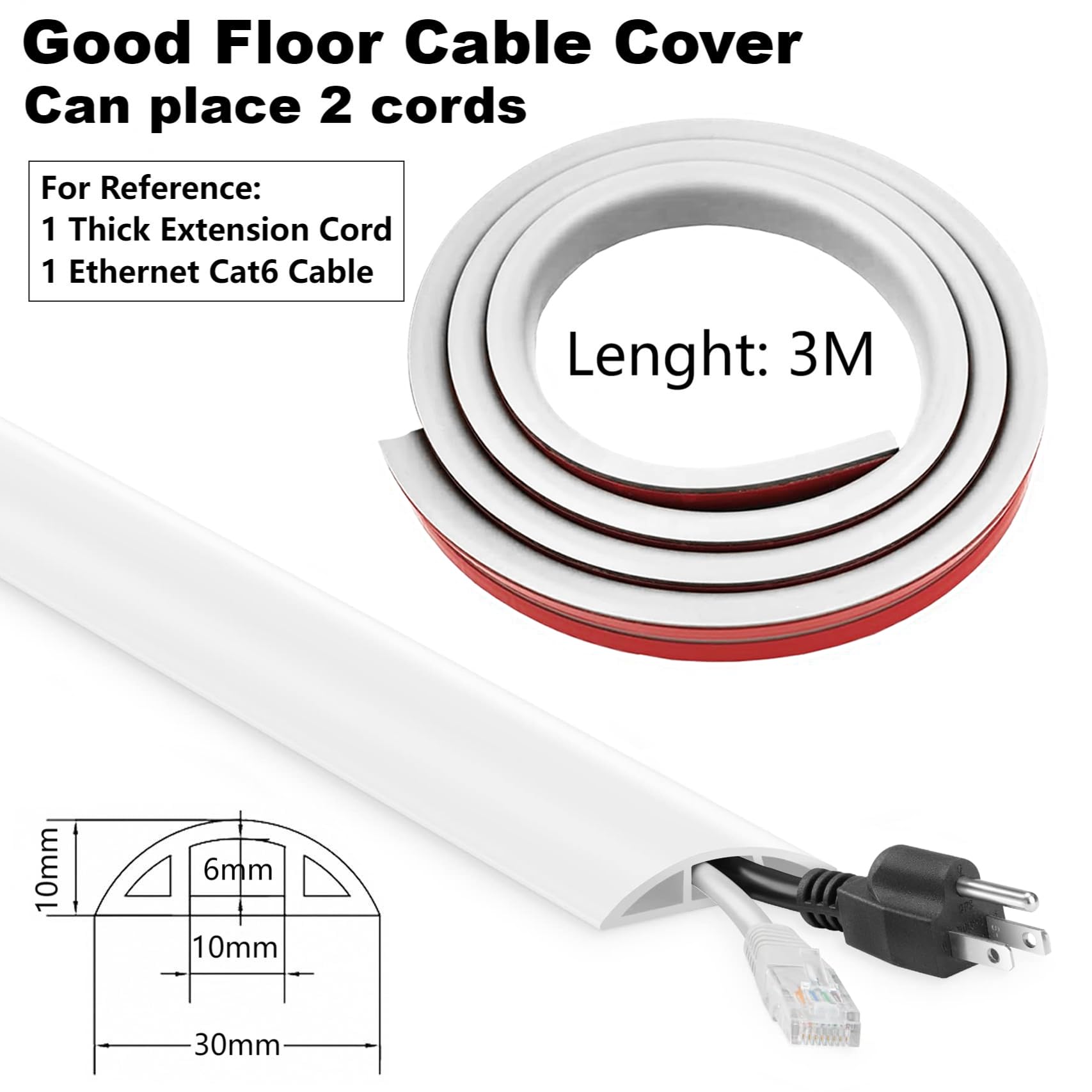 Passe Cable Sol Autocollante Flexible - 3 m x 30 mm x 10 mm, Cachez et Protégez les Câbles, pour la maison, le bureau, l'école, l'entrepôt (3 m, gris)