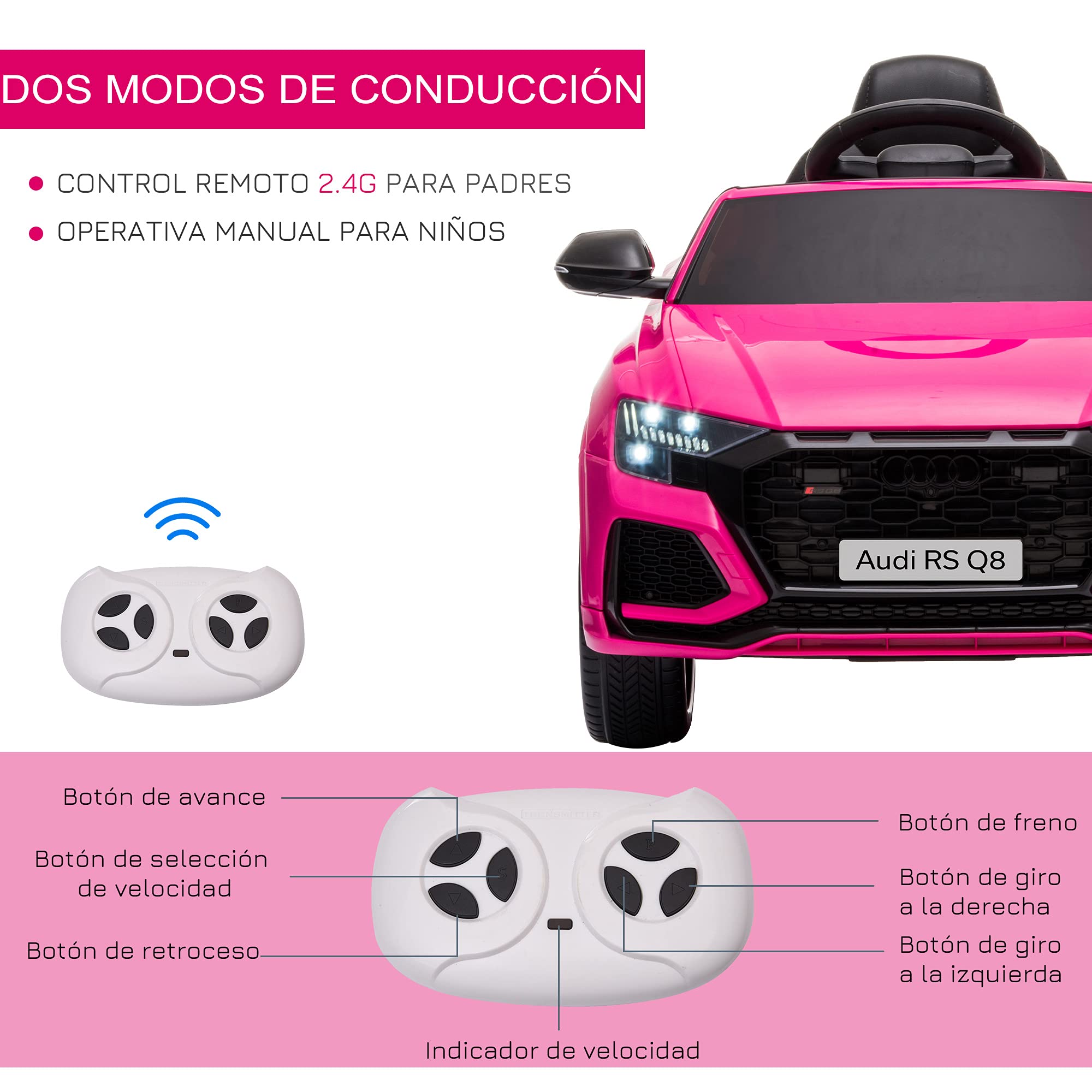 HOMCOM Coche Eléctrico Infantil +3 Años Licencia Audi RS Q8 con Batería 6V 2 Motores Mando a Distancia Música Bocina y Luces Velocidad Máx. 3km/h 101x62x51 cm Rosa
