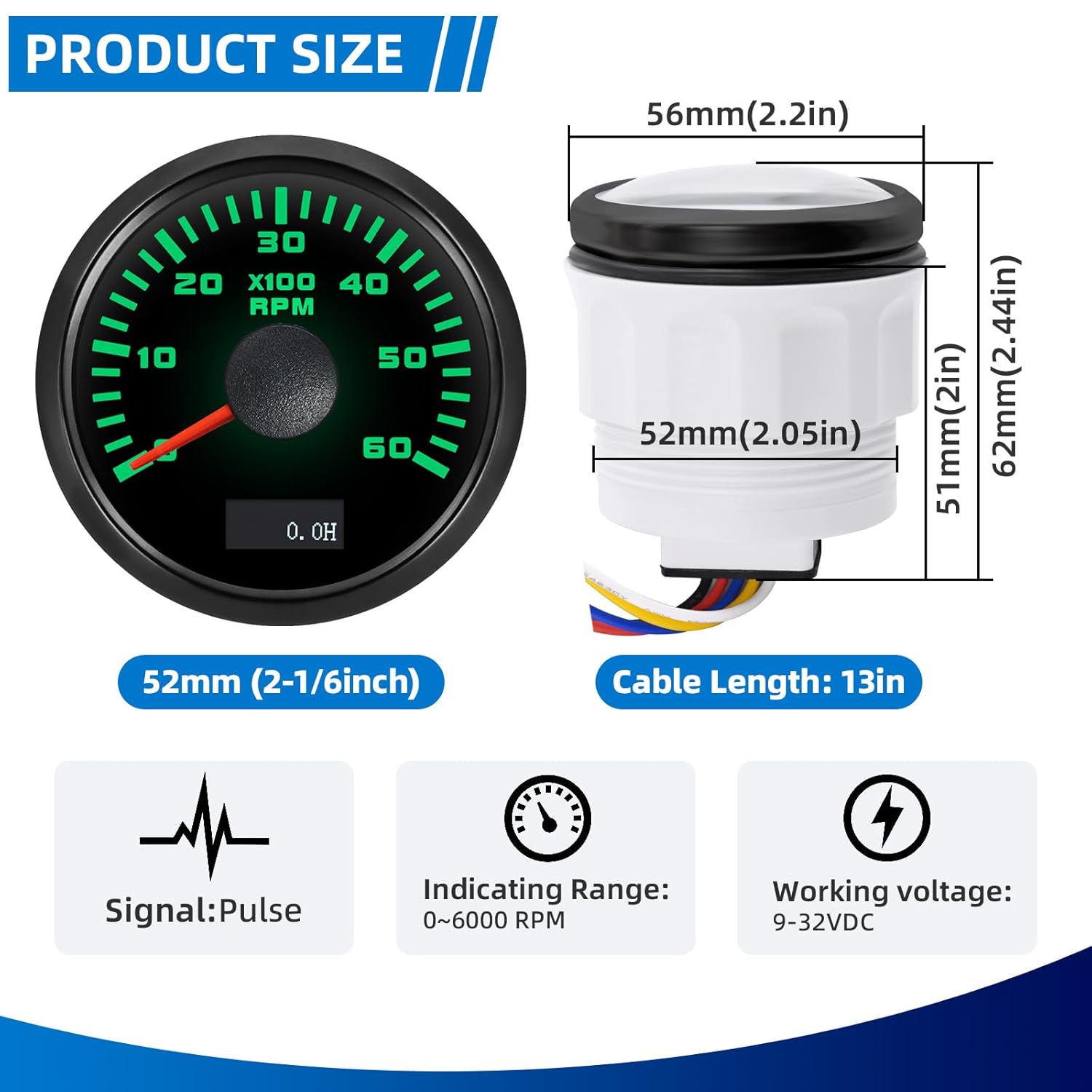 MH Tachometer 2-1/6" 52mm 6000 Tach Boat RPM Gauge 7 Color Waterproof for AUTO Car Truck Marine（Black）