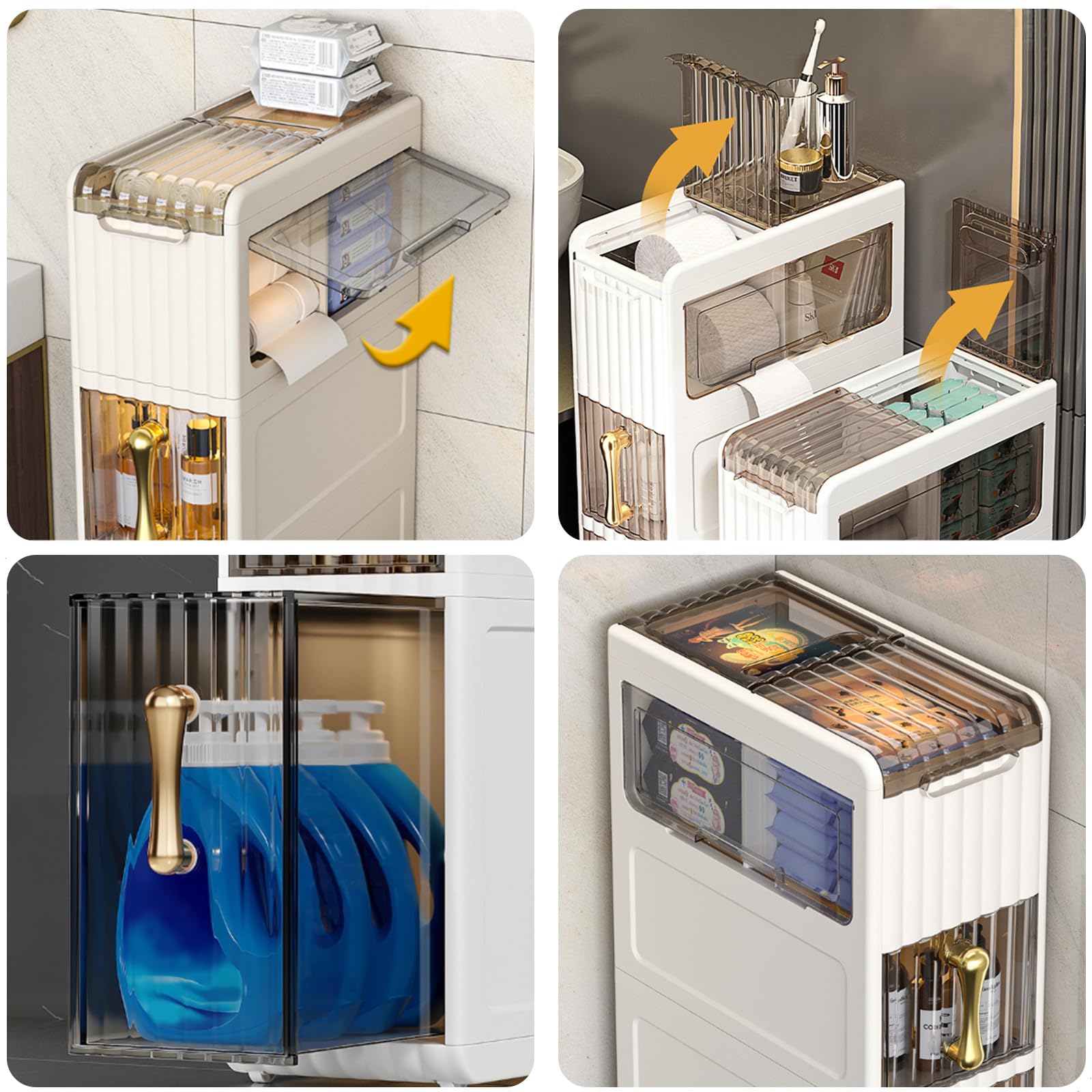 Lozovin 4-Tiers Narrow Bathroom Organizer,Versatile Gap Storage Cabinet with Drawers,Waterproof White Plastic Slim Multi Layer Mobile Locker for Small Spaces Bathroom Kitchen Laundry