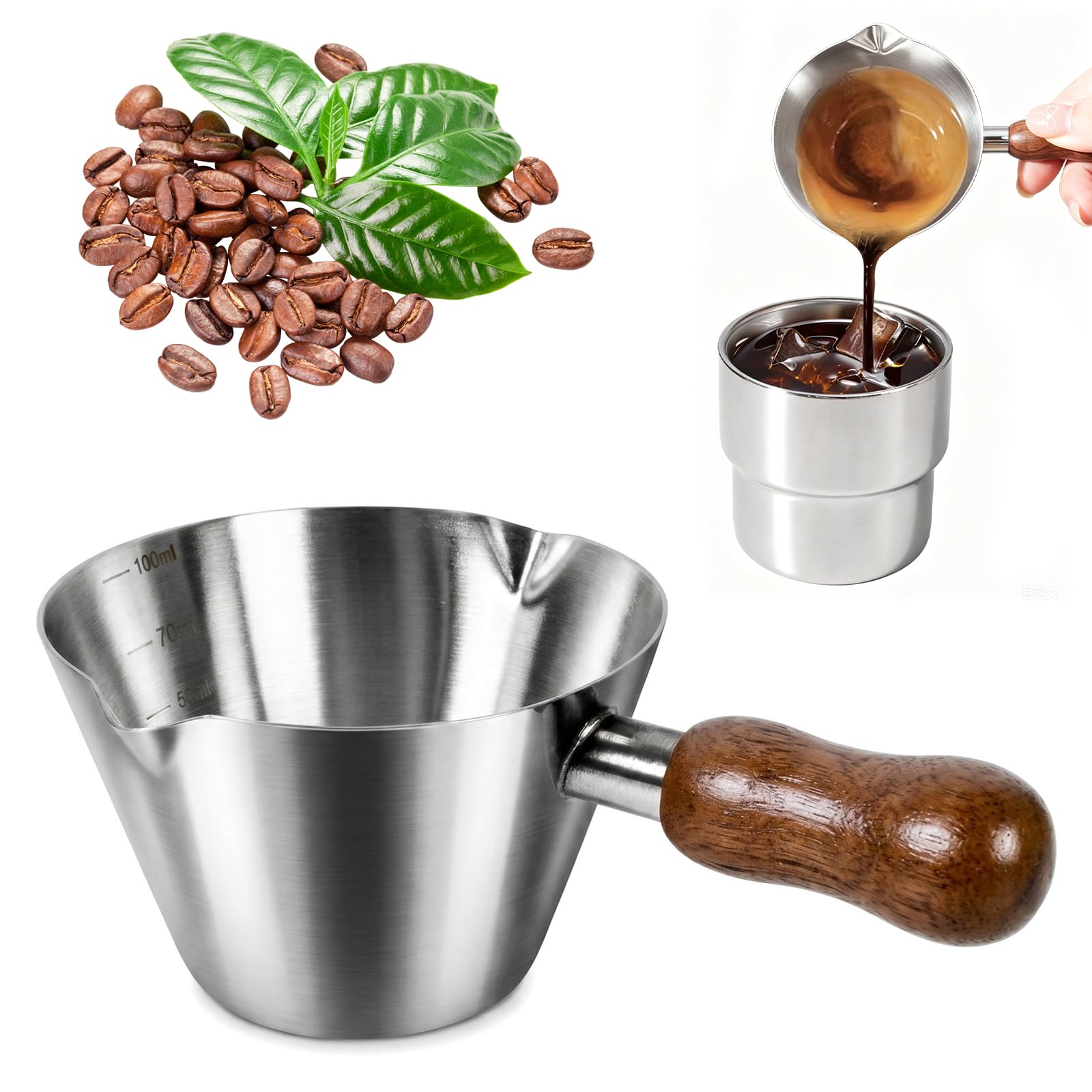 Espresso Cups for Barista Coffee Making, 100ml Stainless Steel Measuring Cup with Walnut Wood Handle and Inner Scale, Silver