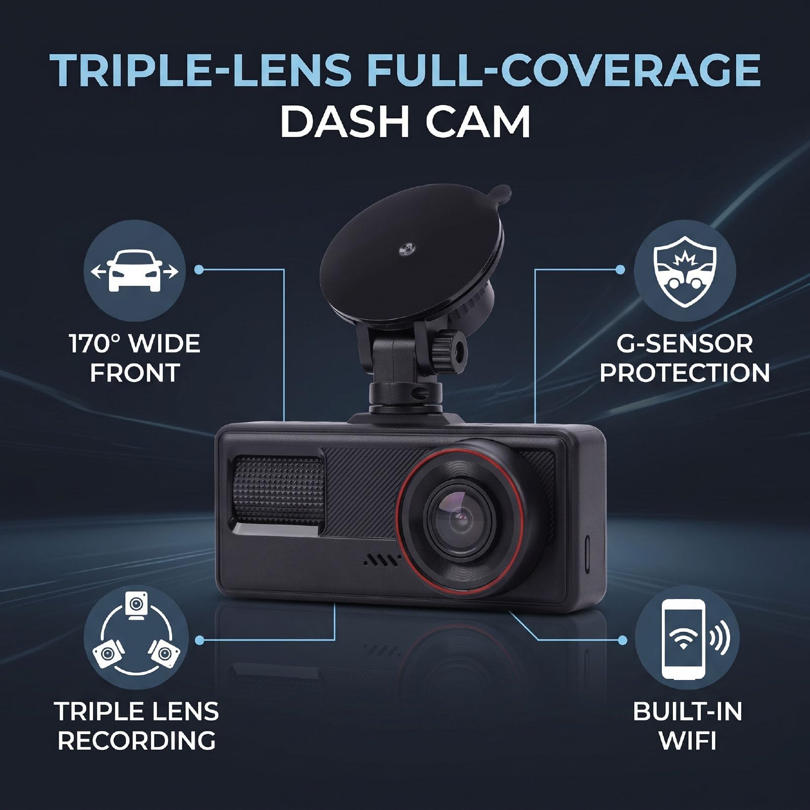 XUMIUZIY Dash Cam con Tripla Lente Anteriore e Posteriore Interna, Nera