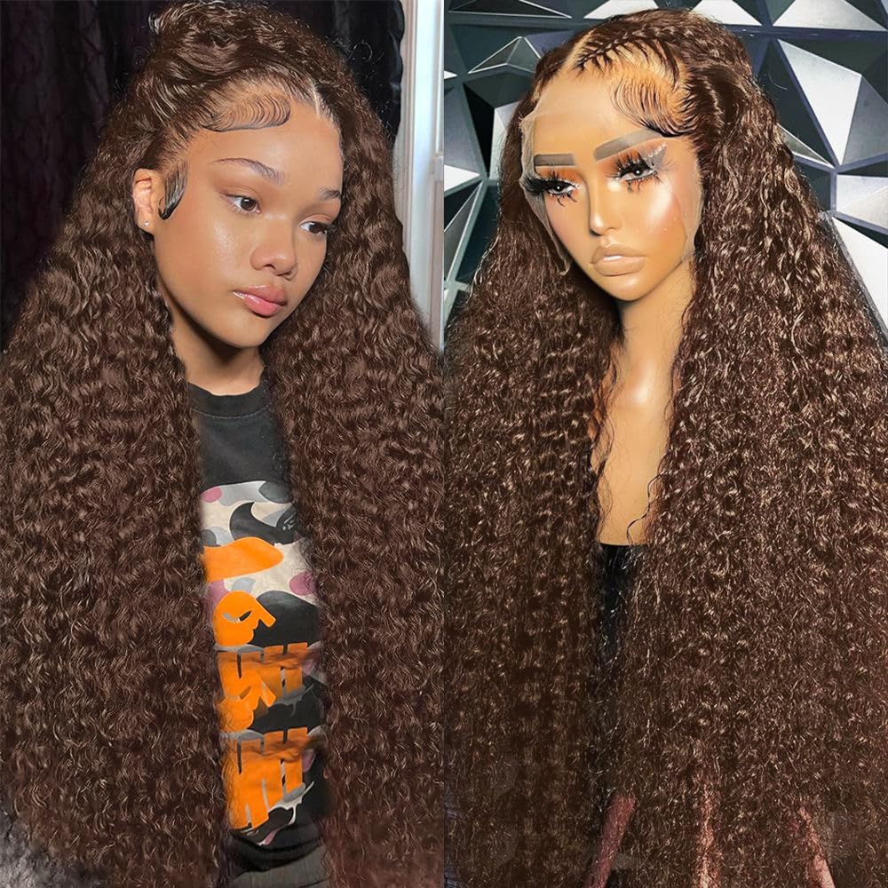 BJVT Chocolate Brown 13x6 Deep Wave Lace Front Wigs Human Hair 210Density Curly Wig HD Lace Front Wigs Human Hair Pre Plucked Frontal Wigs Human Hair