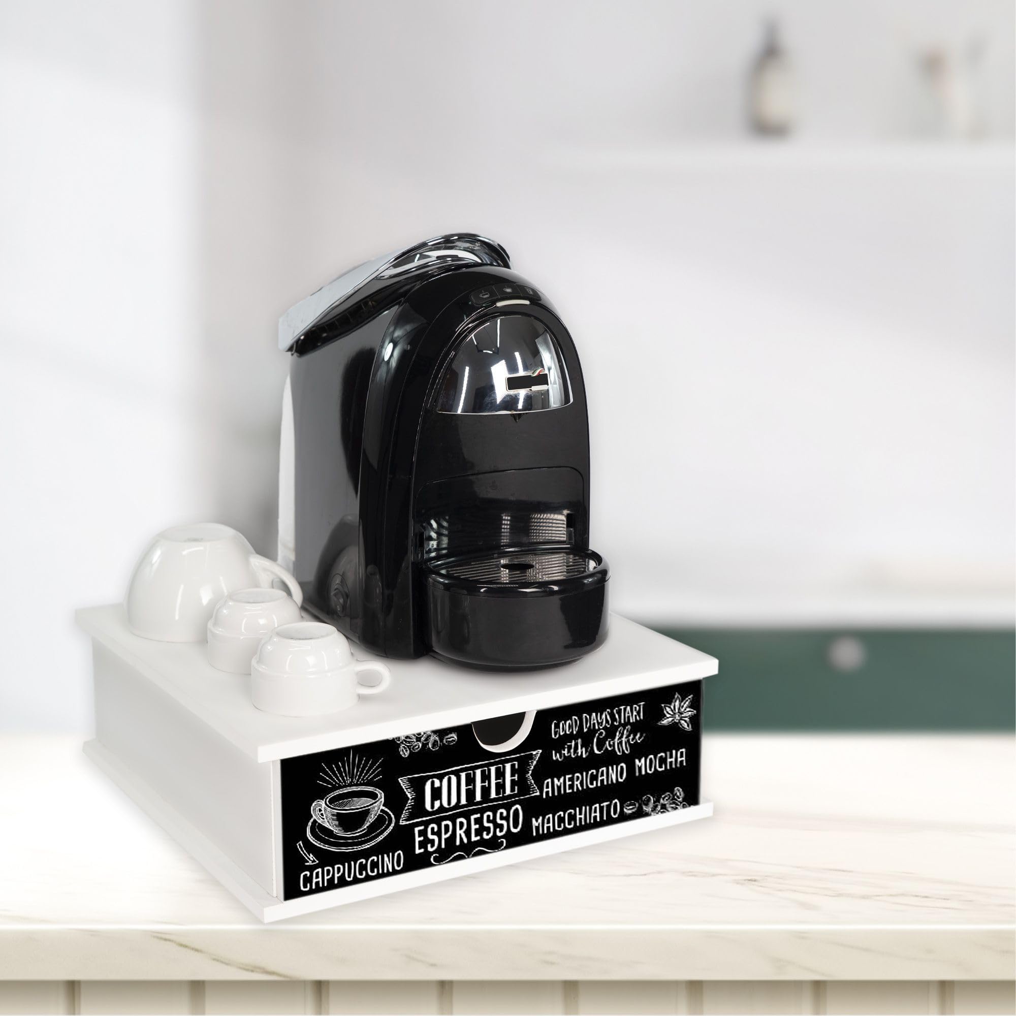 Lupia - Organizador de Cápsulas de Café en Madera, Cajón Extraíble, Organizer BLACKBOARD COFFEE Compatible con Marcas Principales, Ideal para Cocina y Oficina, Diseño Moderno en Blanco, 33x33x11 cm