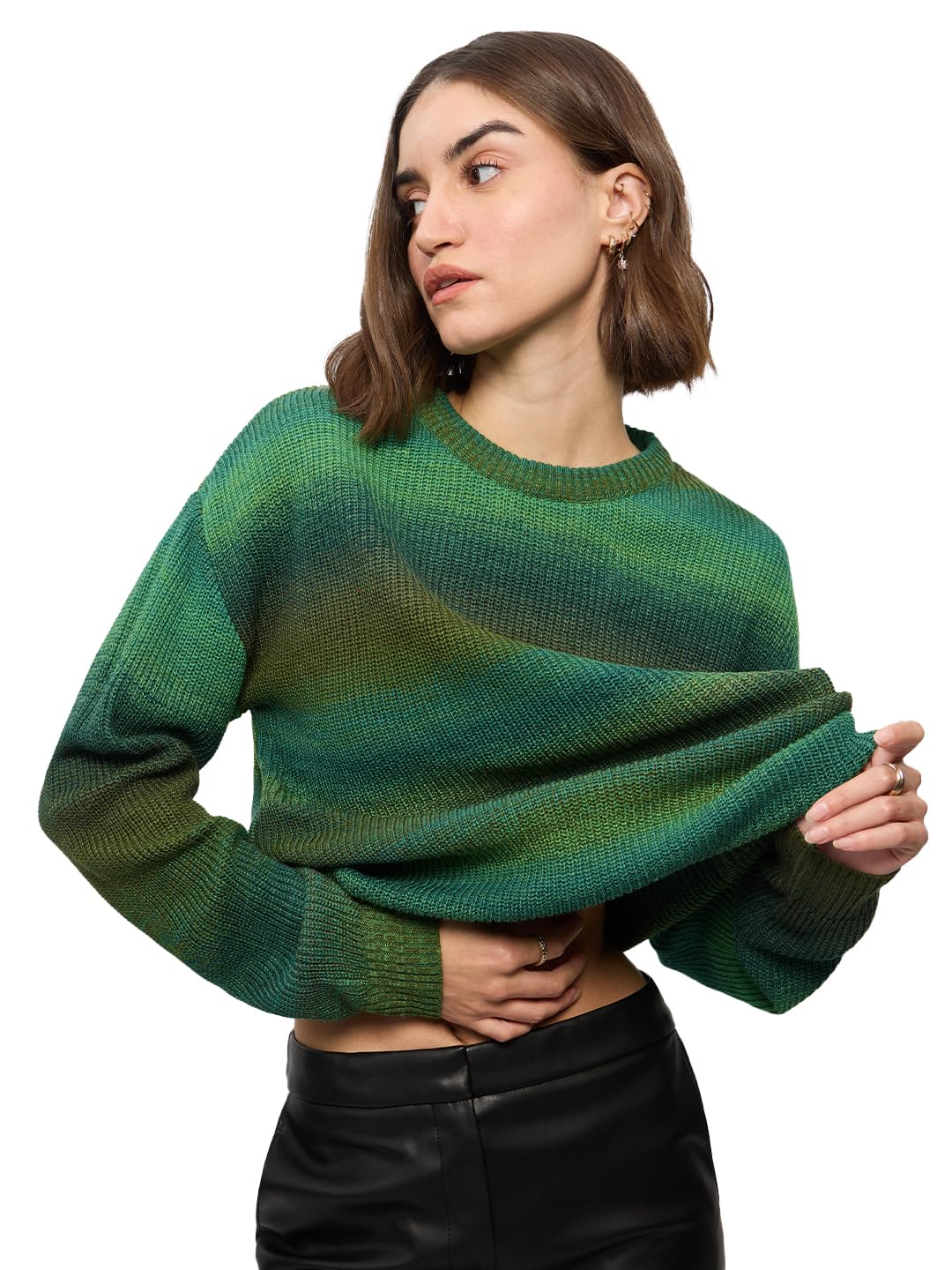 Knitted Ombre Sweater: Fern Women and Girls Long Sleeves Round Neck Acrylic Oversized Sweaters-image-22