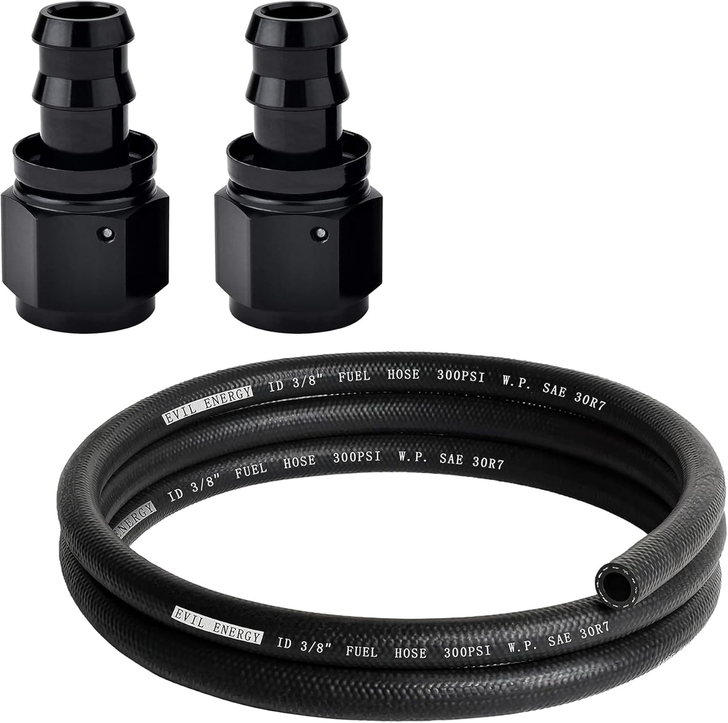 EVIL ENERGY 3/8 Fuel Hose Line NBR Rubber 10FT 300PSI SAE 30R7 Bundle with 6AN Straight Push Lock Hose End Fitting 2PCS