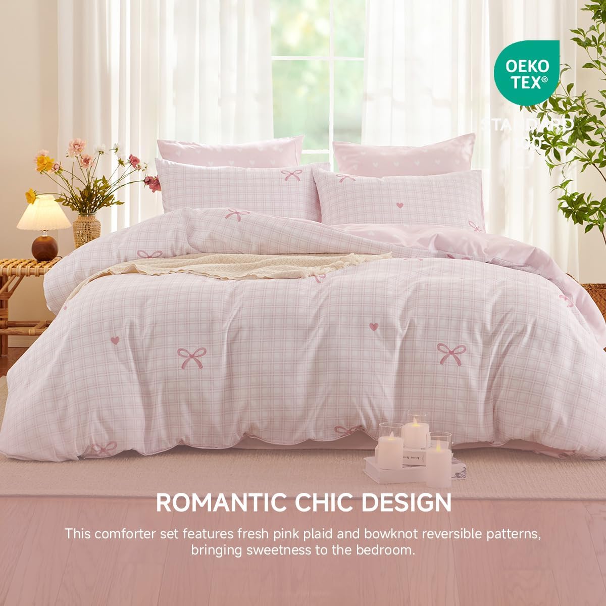 Gingham Comforter Set Twin Size,2 Pieces Pink Plaid Bow Ties Comforter Bedding Sets Reversible Pattern for Girls Kids,Cozy Breathable Microfiber Comforter and 1 Pillowcase - Image 3
