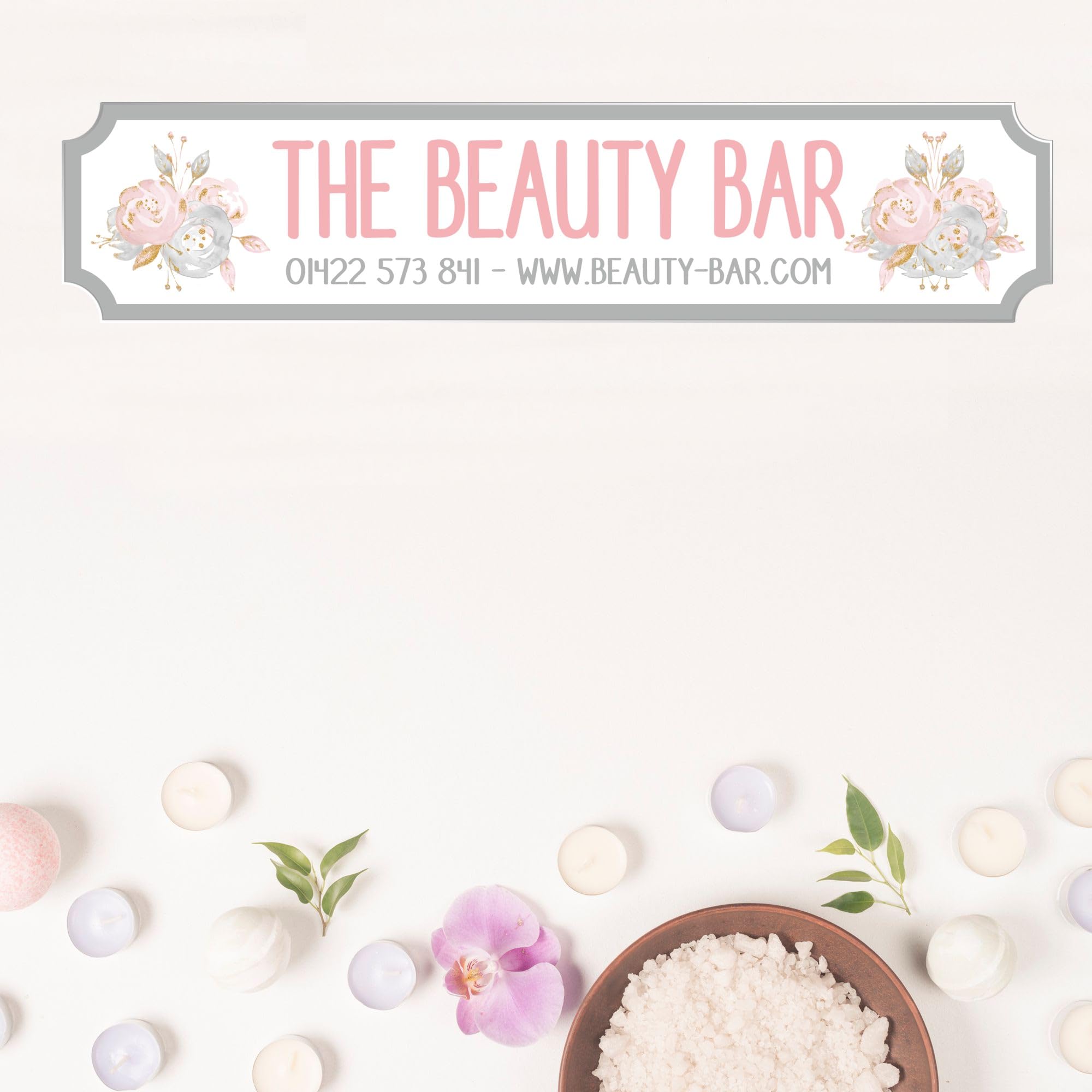 Custom Handmade Business Street Signs - Unique Hairdressers, Barber, Beauty Salon & Aromatherapy Business Name & Details Signs (Beauty Salon - Pink Flowers, Acrylic - Small - 290mm x 63mm)