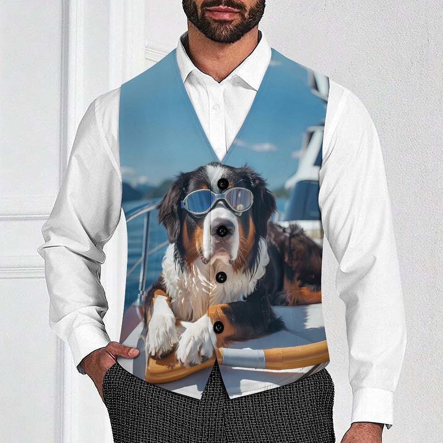 Swiss Mountain Dog Ocean Boat Time Mens Suit Vests V-Neck Casual Vest Dress Formal Tuxedo Wedding Waistcoat