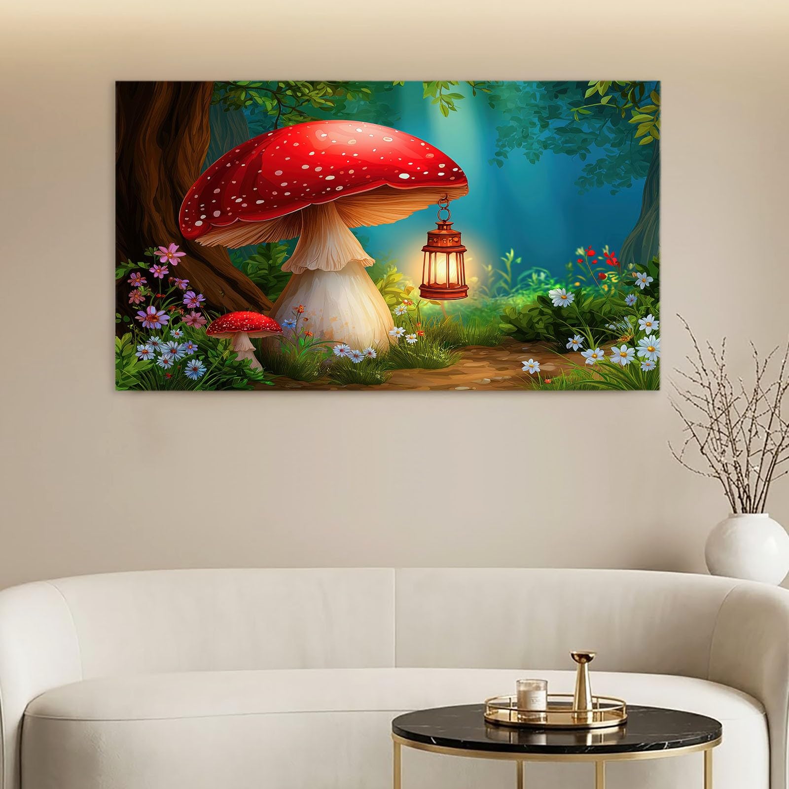 Fantasy Forest – sztuka ścienna, oprawiony obraz na płótnie, oprawiony obraz, do salonu, sypialni, przedpokoju, kuchni lub biura, dekoracja, 90 x 60 cm, zielona dżungla, grzyby, kwiaty, rośliny