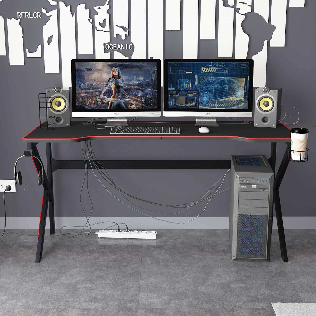 sogesfurniture Scrivania per Computer da Gioco,con ampio tappetino per mouse gratuito, supporto per maniglia da gioco USB, portabicchieri e gancio per cuffie, 160x60x75cm, BHEU-LJ-1909-160all
