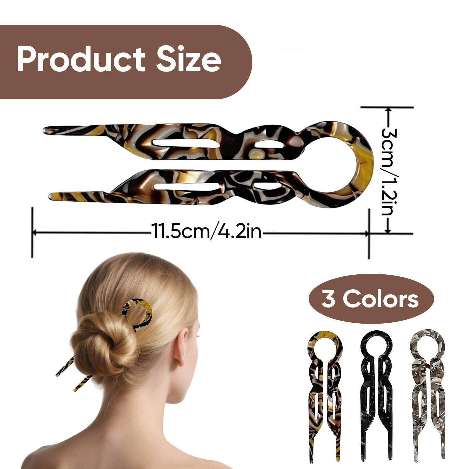 3 Pcs Prestige French Hair Pins, U Shaped Acetate Hair Fork Clips for Women - Image 2