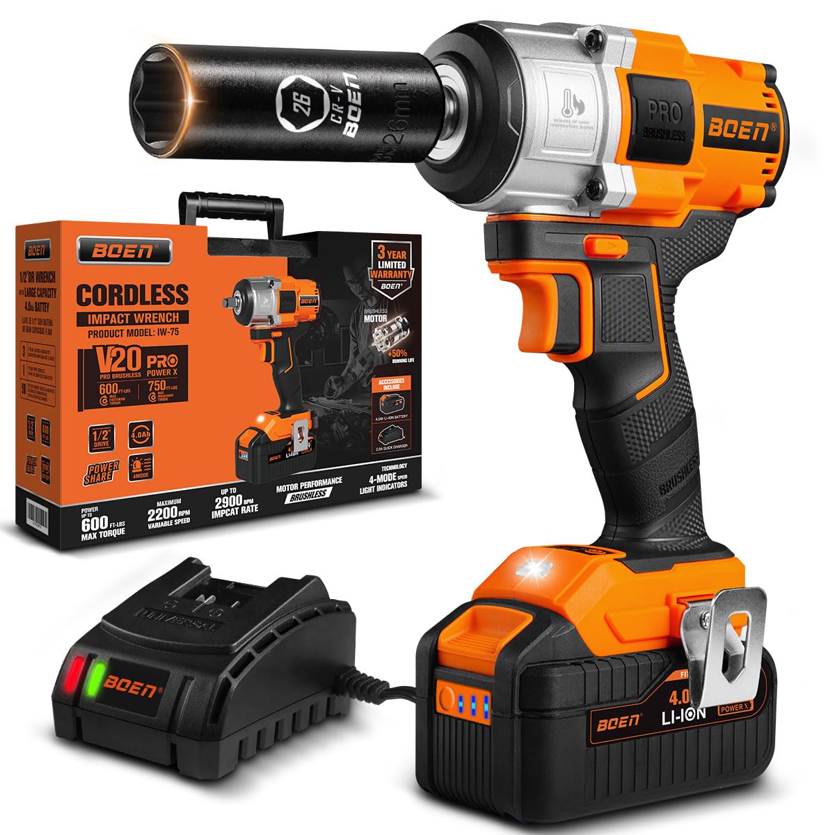 boen IW-75 1/2 inch Cordless Impact Wrench 600 ft-lbs