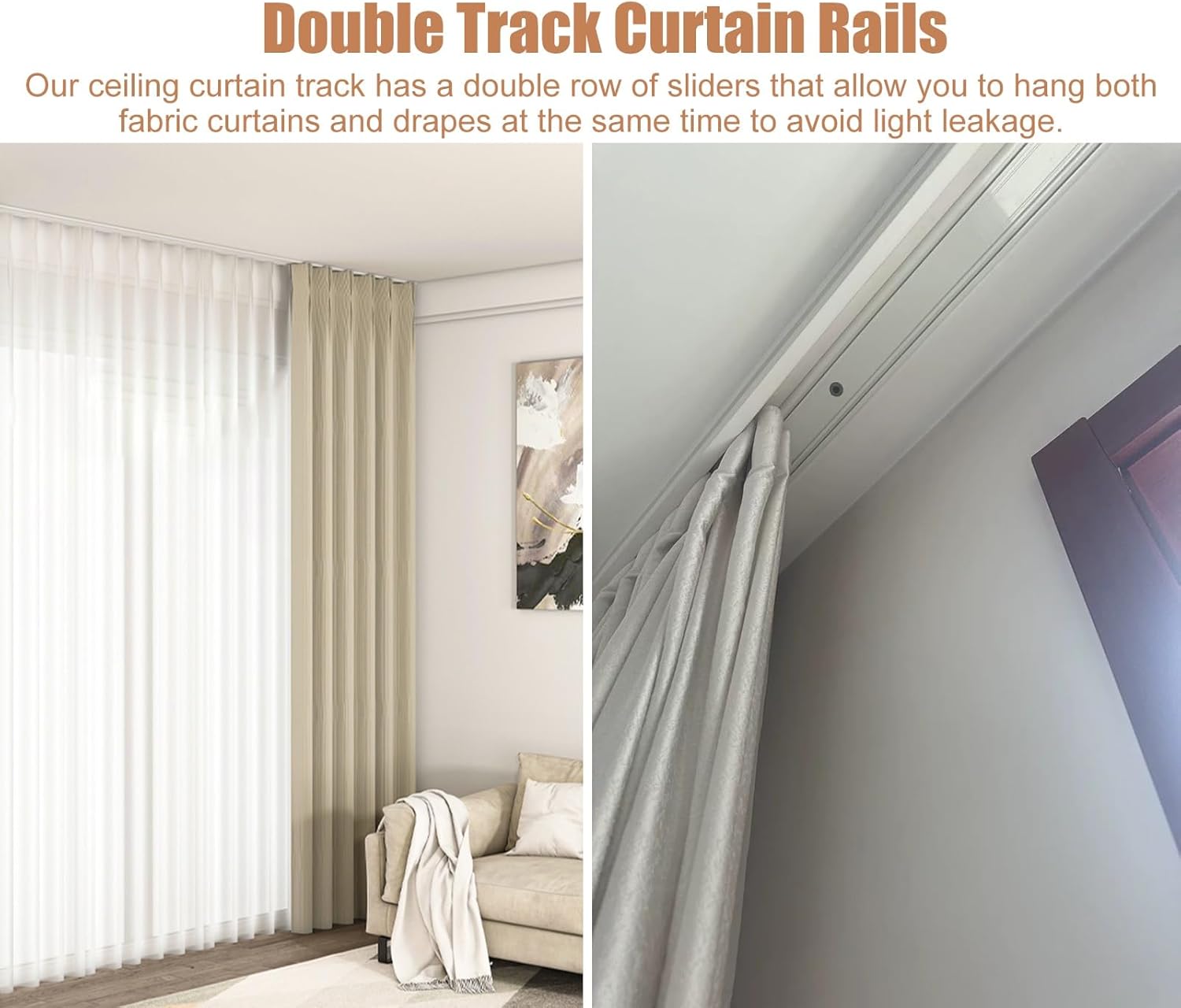 Ceiling Mount Double Tracks Curtain Rail with Hooks, Ultra Thin Aluminium Rod for Living Room, Bedroom, Room Divider