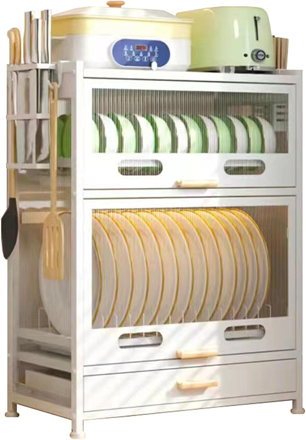 Kitchen Countertop Dish Storage Cabinet with Drawers,4-Layer Dust-Proof Dish Cabinet Storage for Bottles, Dish, Bowls, Console Dining Cupboard (White)