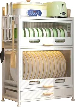 Kitchen Countertop Dish Storage Cabinet with Drawers,4-Layer Dust-Proof Dish Cabinet Storage for Bottles, Dish, Bowls, Console Dining Cupboard White
