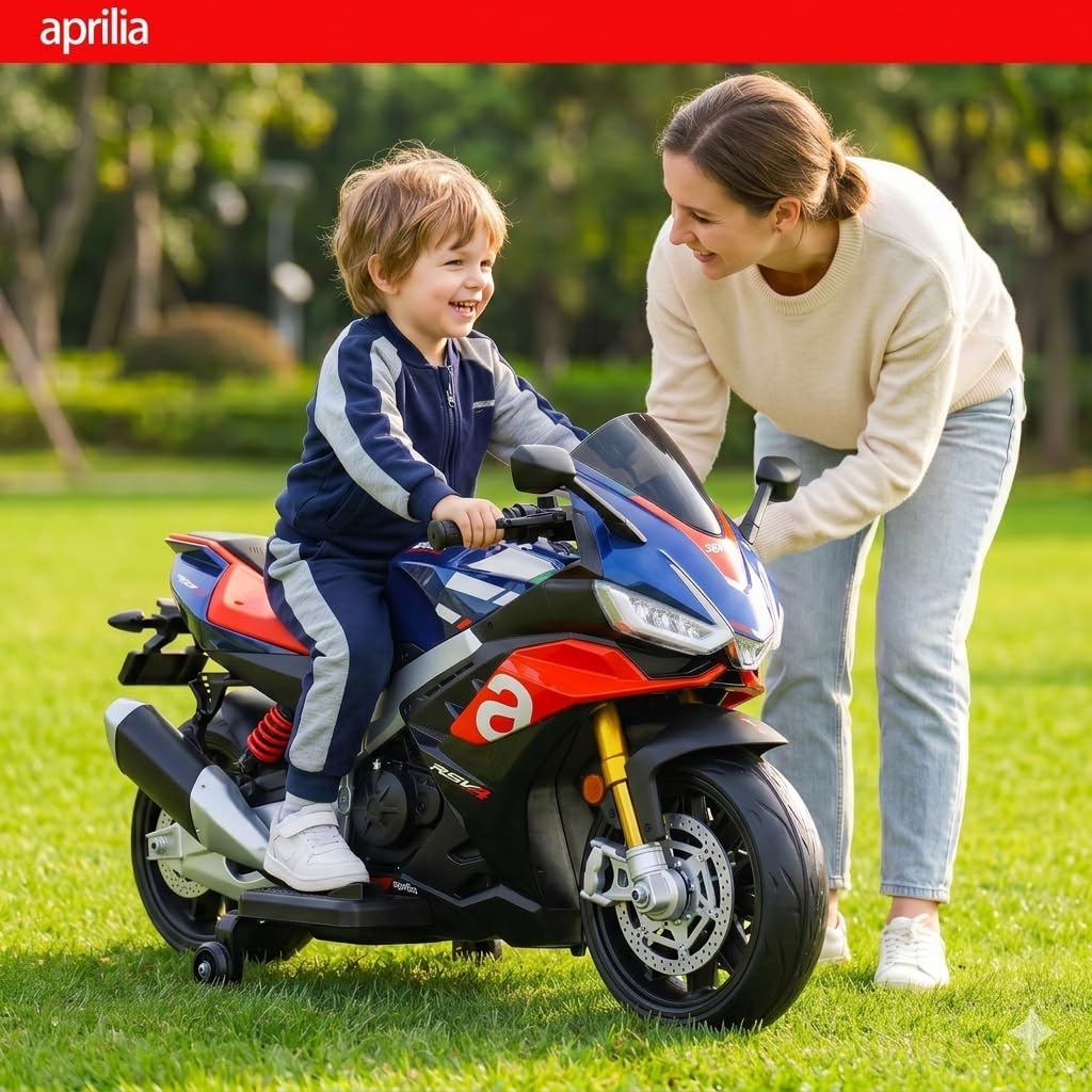TCARAIWEN Aprilia Licensed 24V Kids Electric Motorcycle, Speed Up to 8mph Ride-On Motorcycle with Training Wheels, Key Switch and Mp3 (Normal Motors - 24V, Blue)