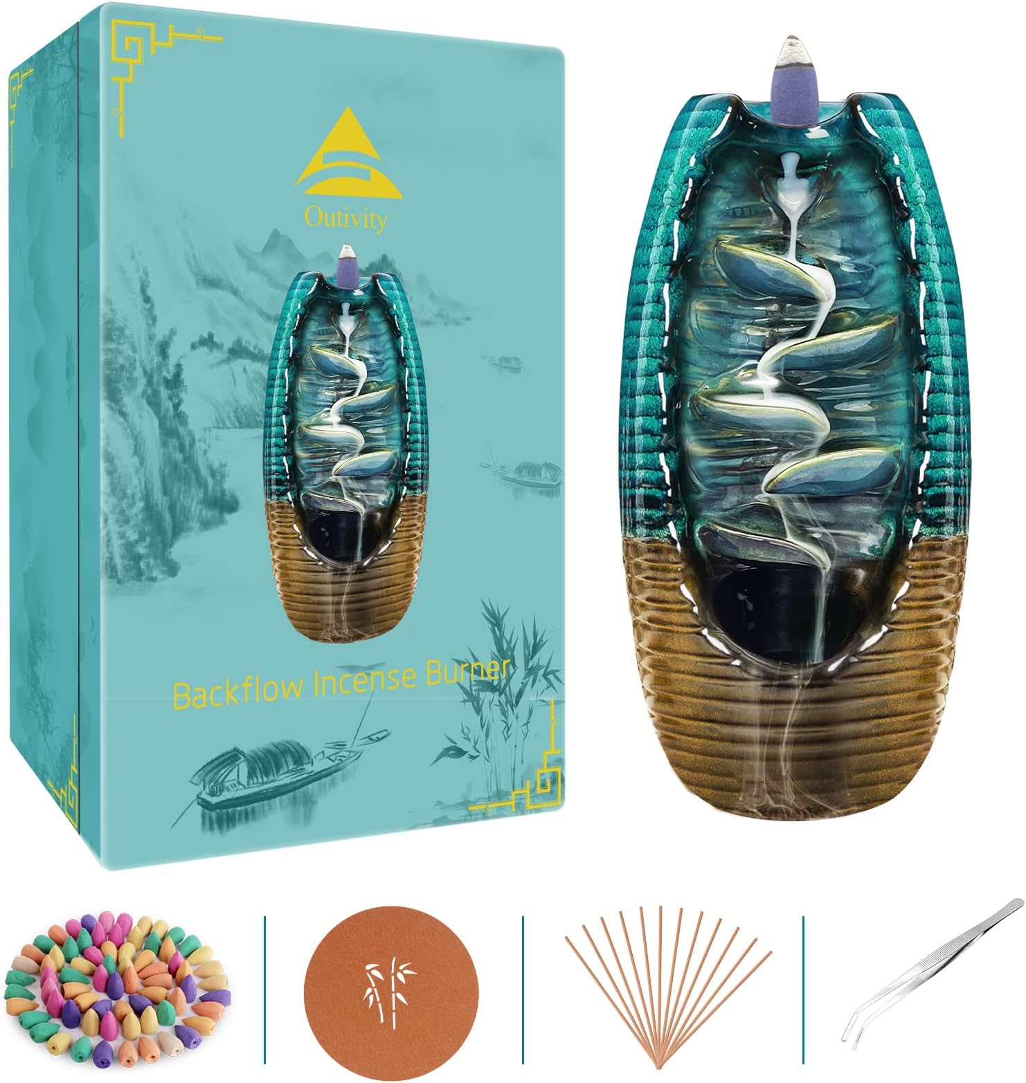 Incense Waterfall Burner, Backflow Incense Burner, Waterfall Incense Burner with 120 PCS Incense Cones + 30 Incense Sticks + Accessories + Exquisite Box (2021 Latest)