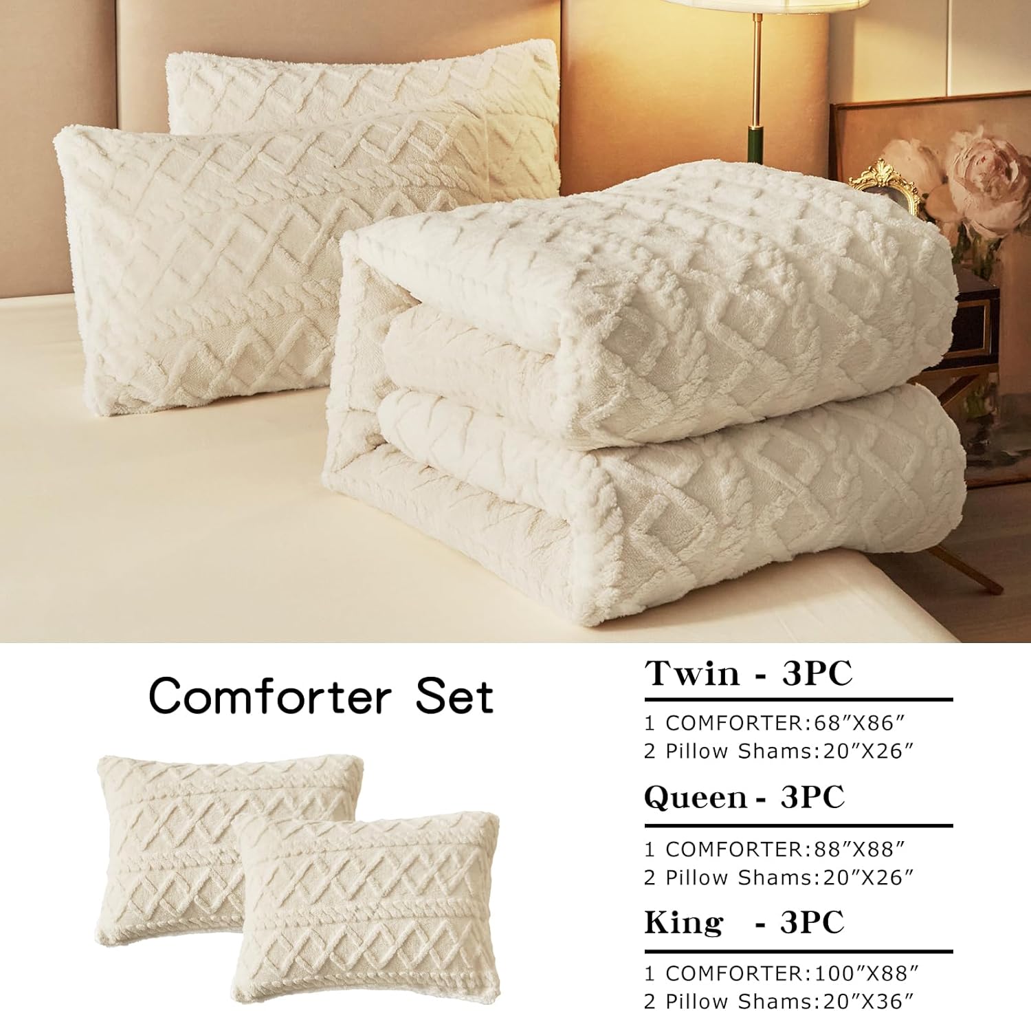 Joyreap 3-Piece Fluffy Faux Fur Sherpa Comforter Set Beige, Queen Size Luxury Tufted Bedding Comforter Set, All Season Soft n Cozy Plush Comforter Bed Set- 88x88 inches