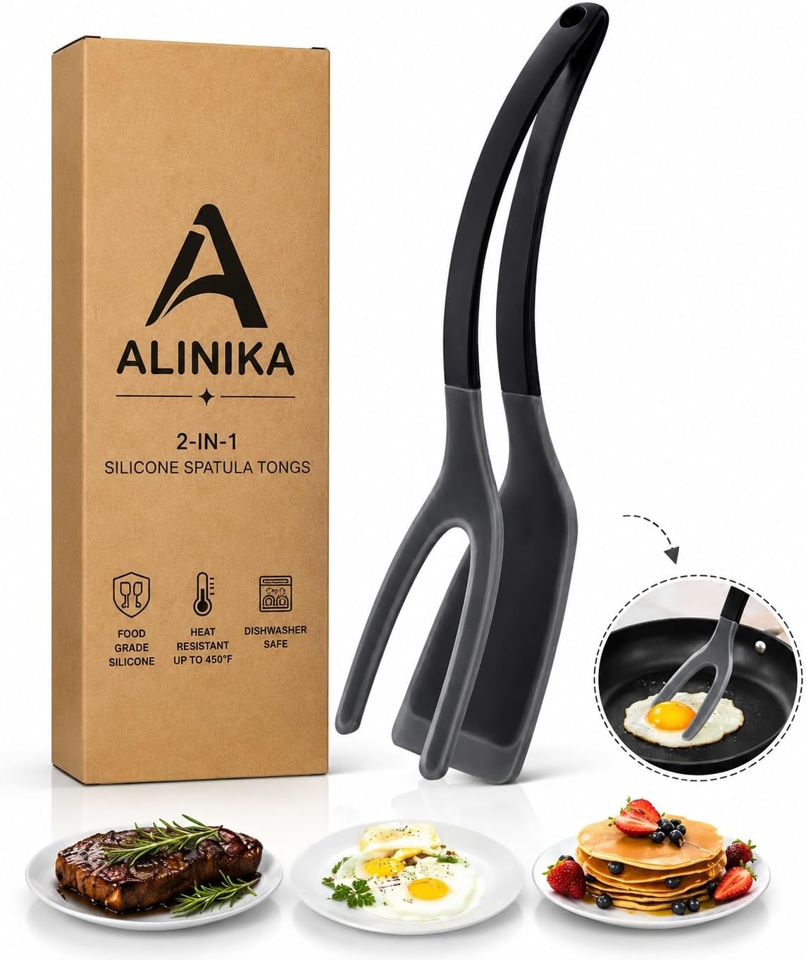 Silicone Spatula Tongs, 2-in-1 Egg Flipper Spatula Tong Non-Stick Cooking Tongs for Pancakes, Eggs Fish & Steak,Food-Grade Heat Resistant Silicone Kitchen Tool, Dishwasher Safe, Comfortable Grip Black