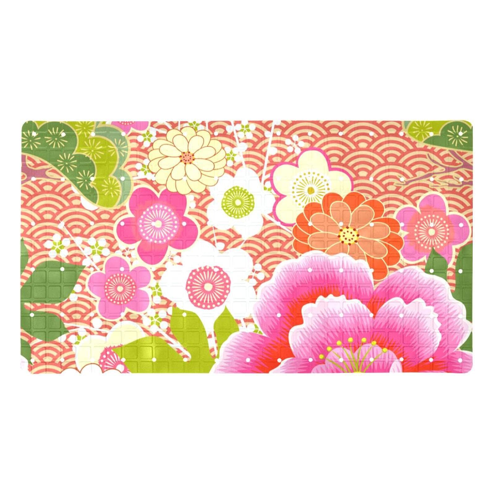 Alfombrilla de bañera antideslizante rectangular de PVC con ventosas diseño flor de cerezo