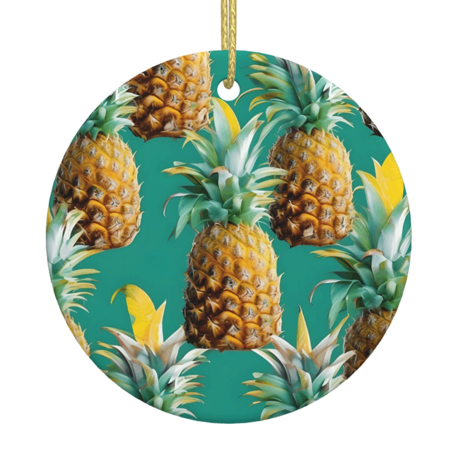 Tropical Pineapple Hawaiian Print Christmas Ornaments, Ceramic Hanging Ornament, Round Shape Decorations