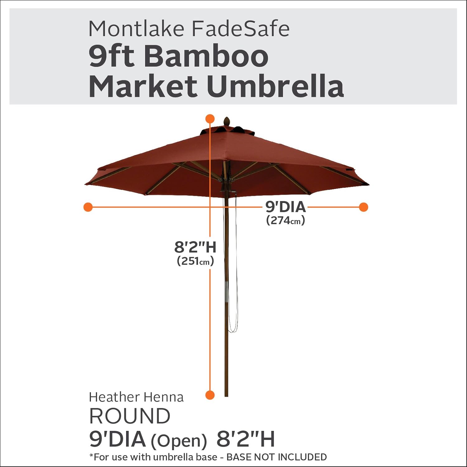 Classic Accessories Montlake™ Fadesafe™ 9' Round Bamboo Patio Umbrella, Heather Henna